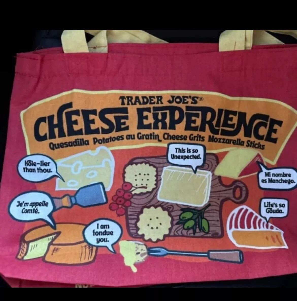 Trader Joe's Bag Reusable Canvas NEW Cheese Adventures shopping Heavy DutyLarge