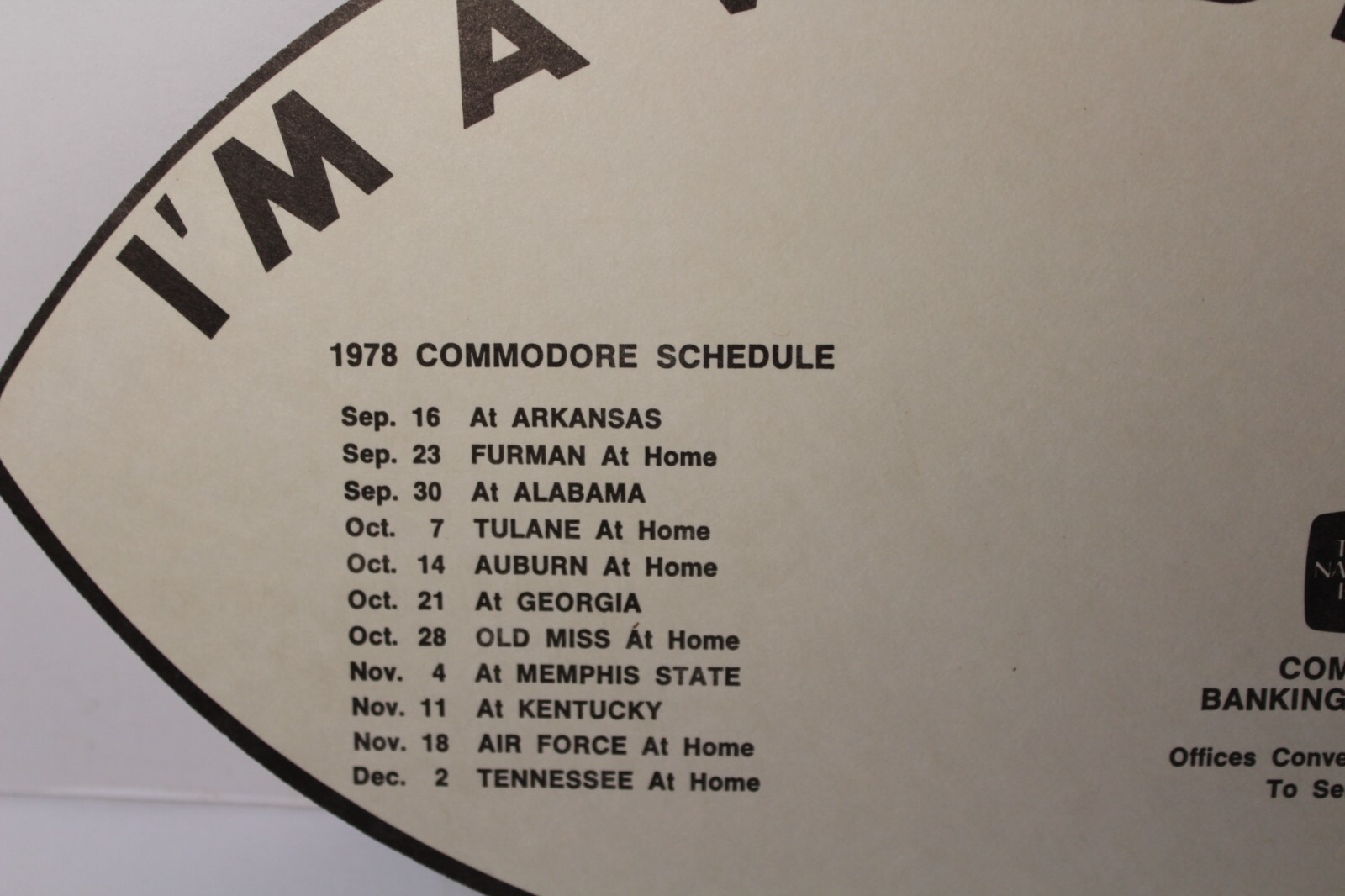 1970s Vintage Salesman Sample Fan 1978 Vanderbilt Commodores Football Schedule
