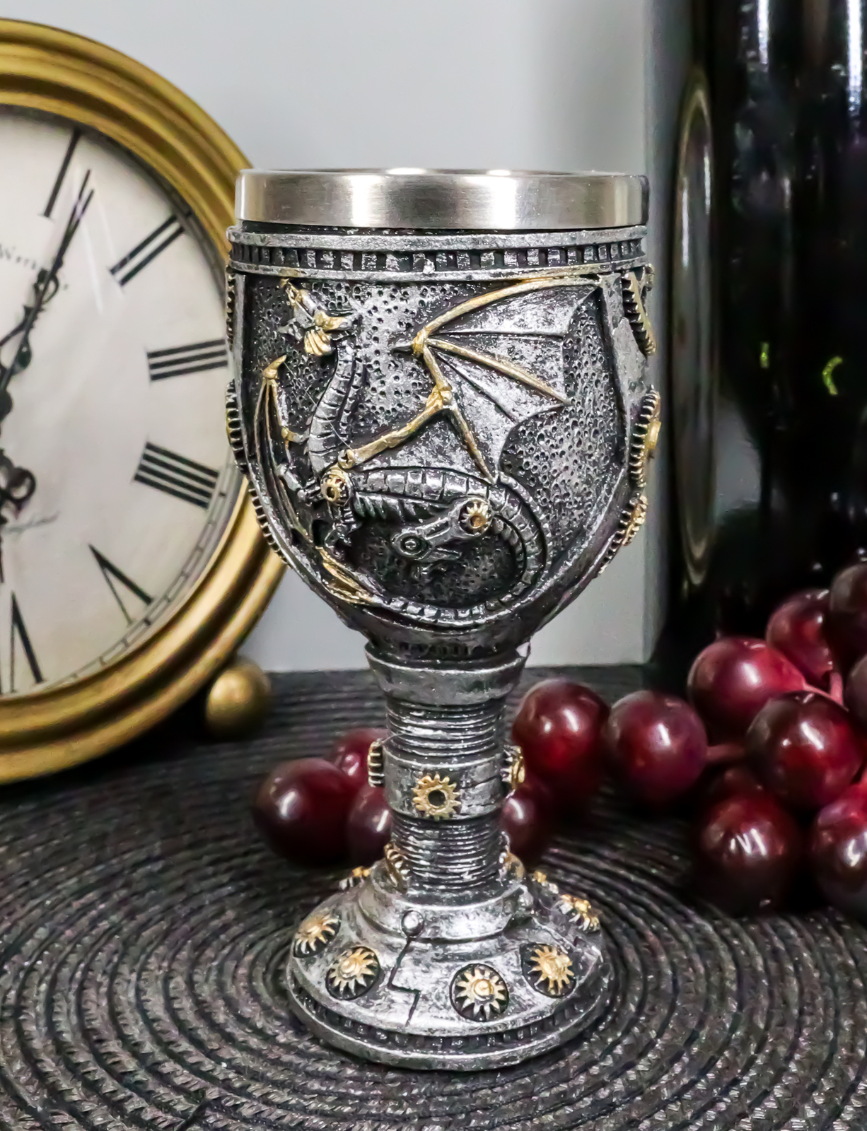 Silvered Steampunk Dragon and Gears Goblet w/Stainless Steel Liner