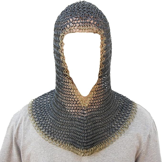 Medieval Warrior Chainmail Two Tone Coif Armor, Black and Gold 18.75 Inches
