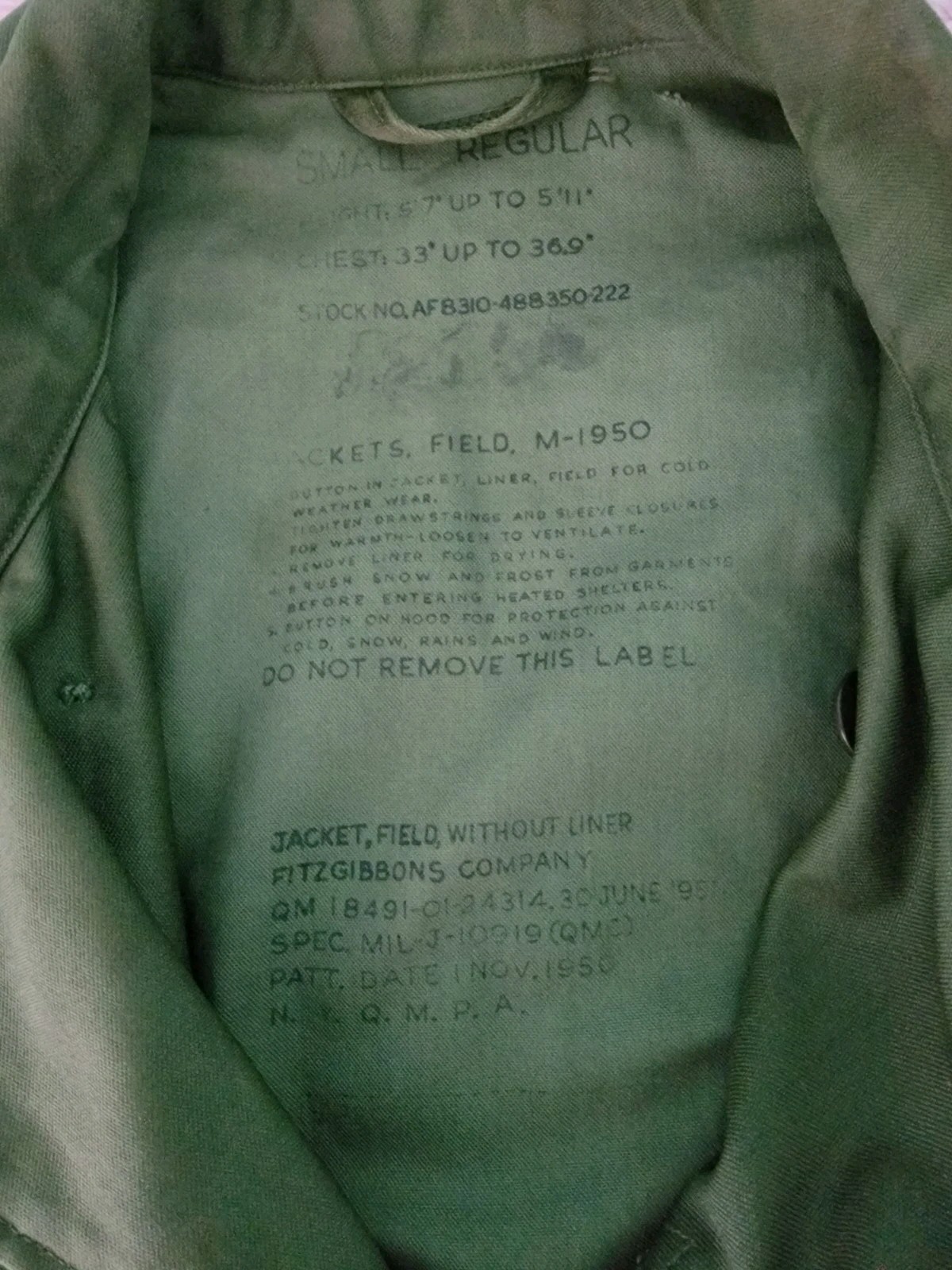 Vintage 1950s US Army Field Jacket Without Liner Size Regular Small