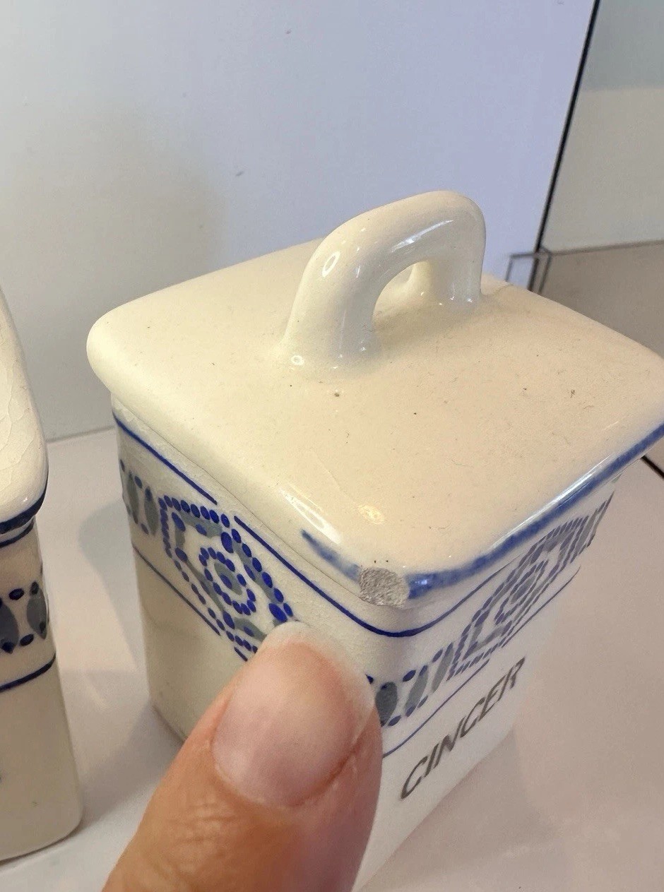 4 Blue and white Czechoslovakian spice canisters vintage