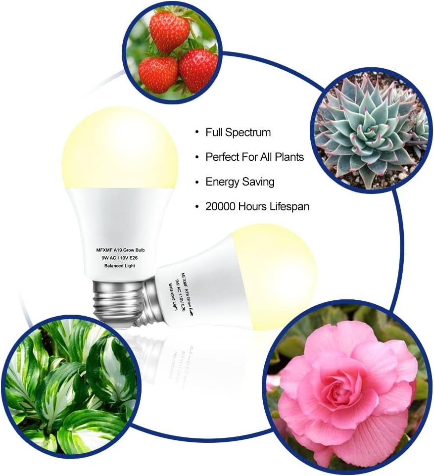 2 Pack LED Grow Light Bulbs A19 Bulb, Full Spectrum Plant Light Bulb, 9W E26 Gro