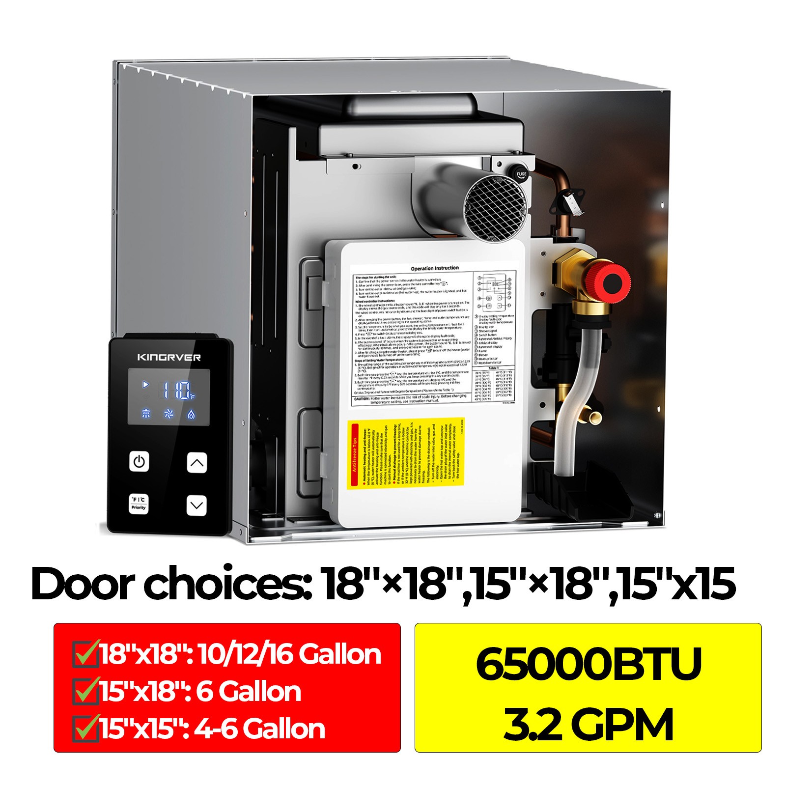 KINGRVER RV Tankless Water Heater Propane Gas 65000BTU On Demand with Controller