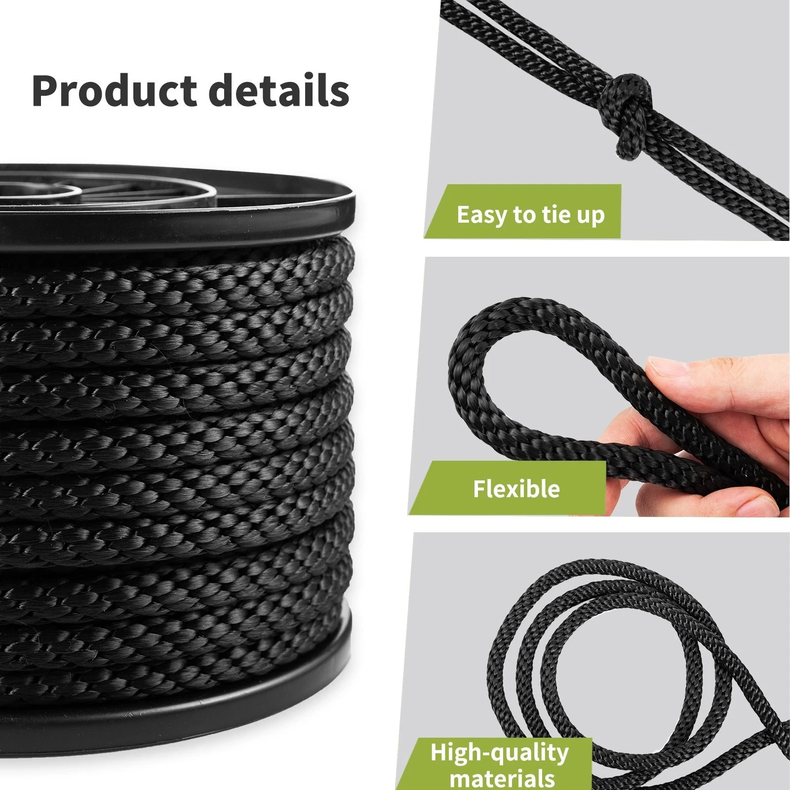 1/2 100ft Black Polyester Solid Braid Rope High UV and Abrasion Resistance