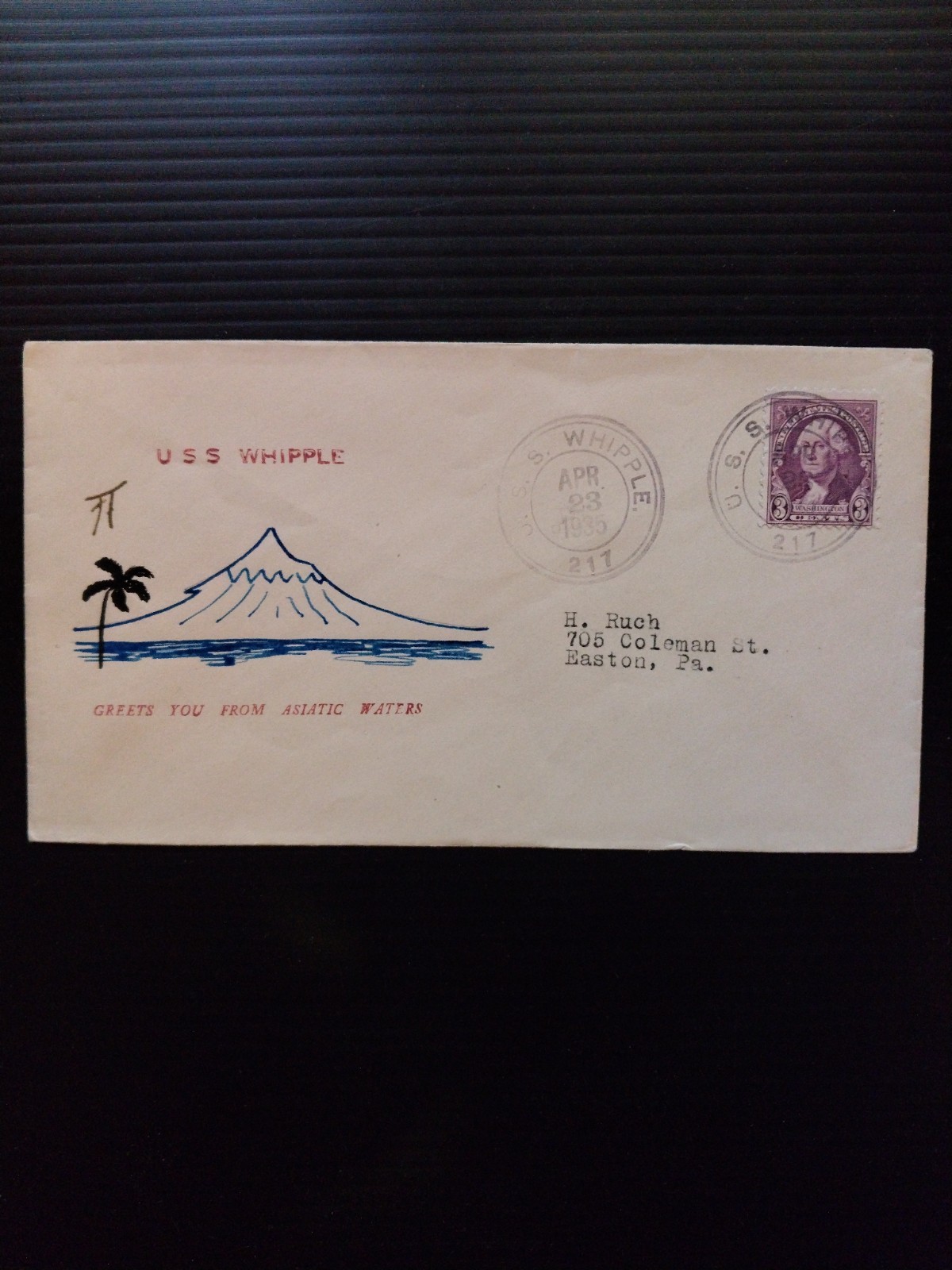U.S.S. Whipple DD-217 Mailing Cover, Asiatic Fleet, APR 23, 1935