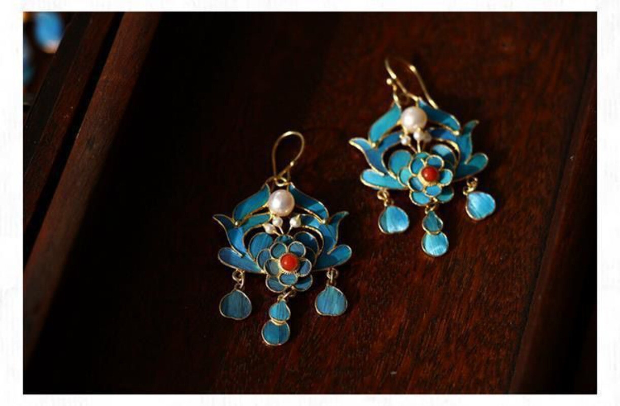 Chinese Antique Earrings Cloisonne Earrings Long Tassels Gilt Pearls Jewels