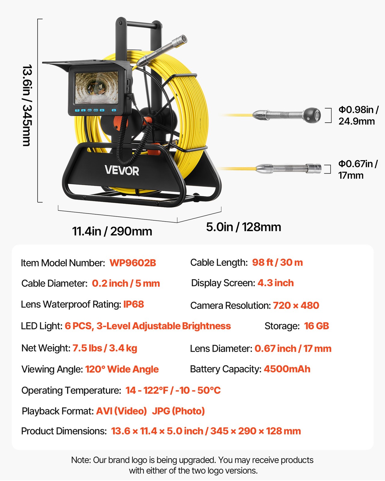 VEVOR Sewer Camera 98ft 4.3-inch Drain Inspection Camera IP68 Waterproof 6 LEDS
