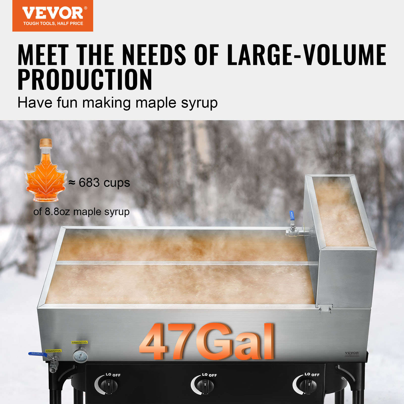 VEVOR 24x48x19 Maple Syrup Evaporator Pan Stainless with Valves and Thermometer