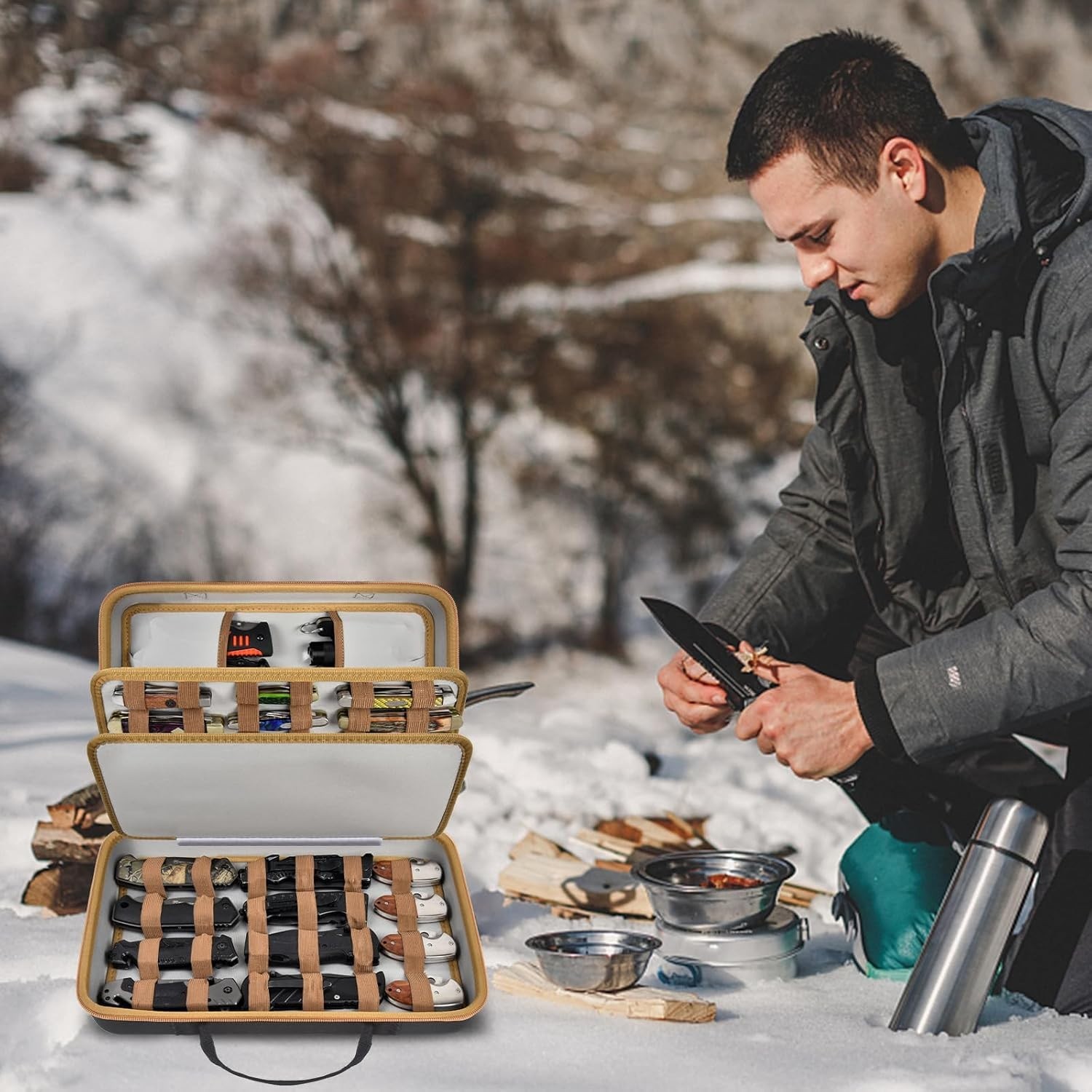 Knife Display Case for 56+ Pocket Knife, Folding Knives Storage Holder, Knife Co