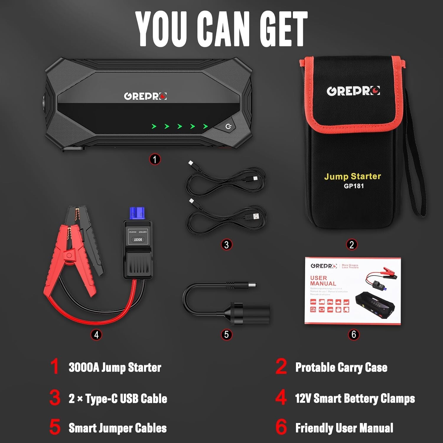 GREPRO Car Jump Starter, 3000A Car Battery Jump Starter Battery Pack 12V Battery