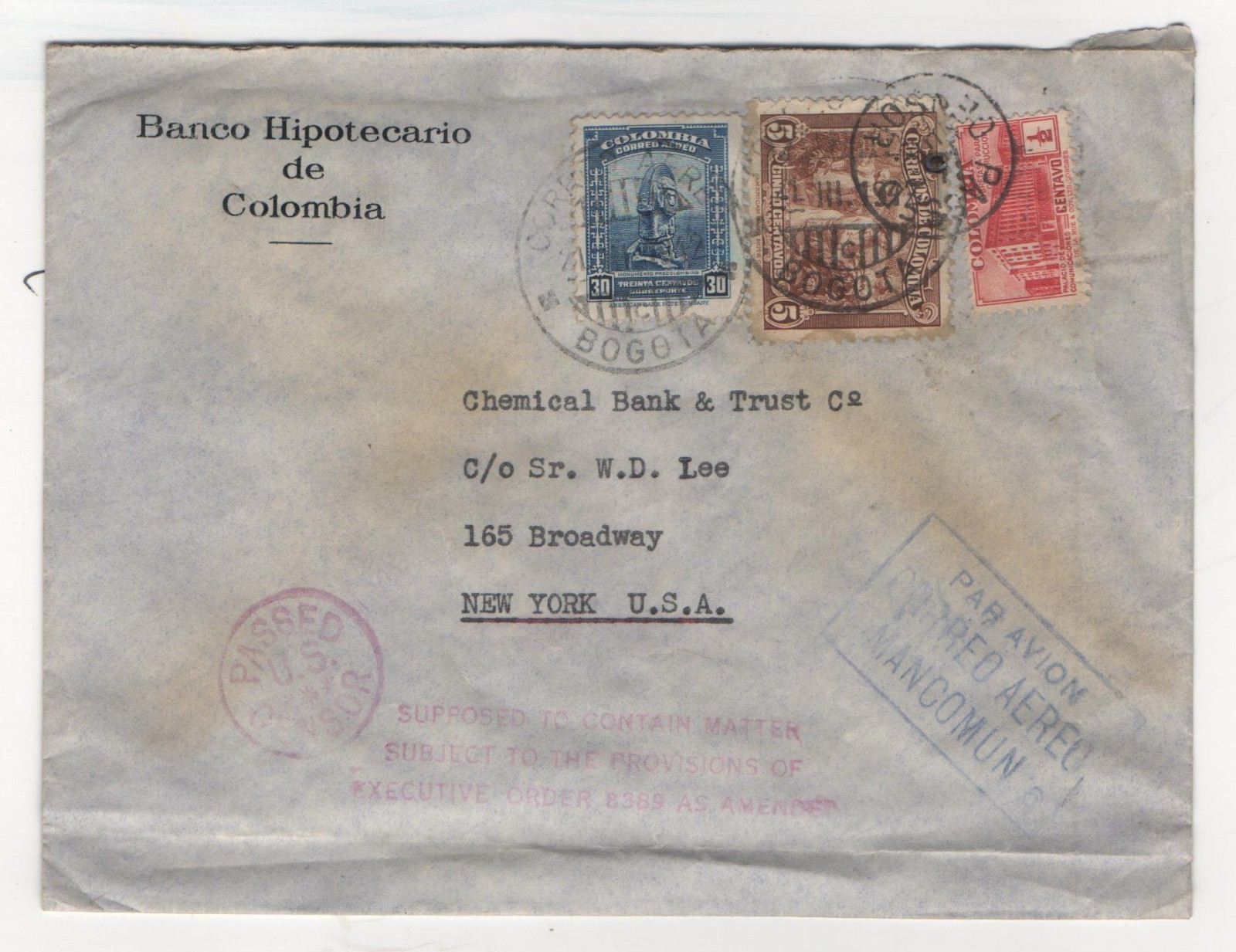 1942 WWII era Bogota Columbia to N.Y. USA Censored Air Mail Cover Box#1