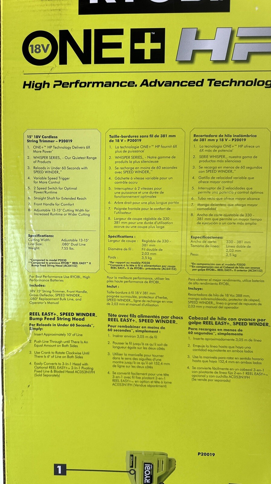 Ryobi One+ 18V HP 15 in String Trimmer Whisper Brushless Tool Only P20019BTL