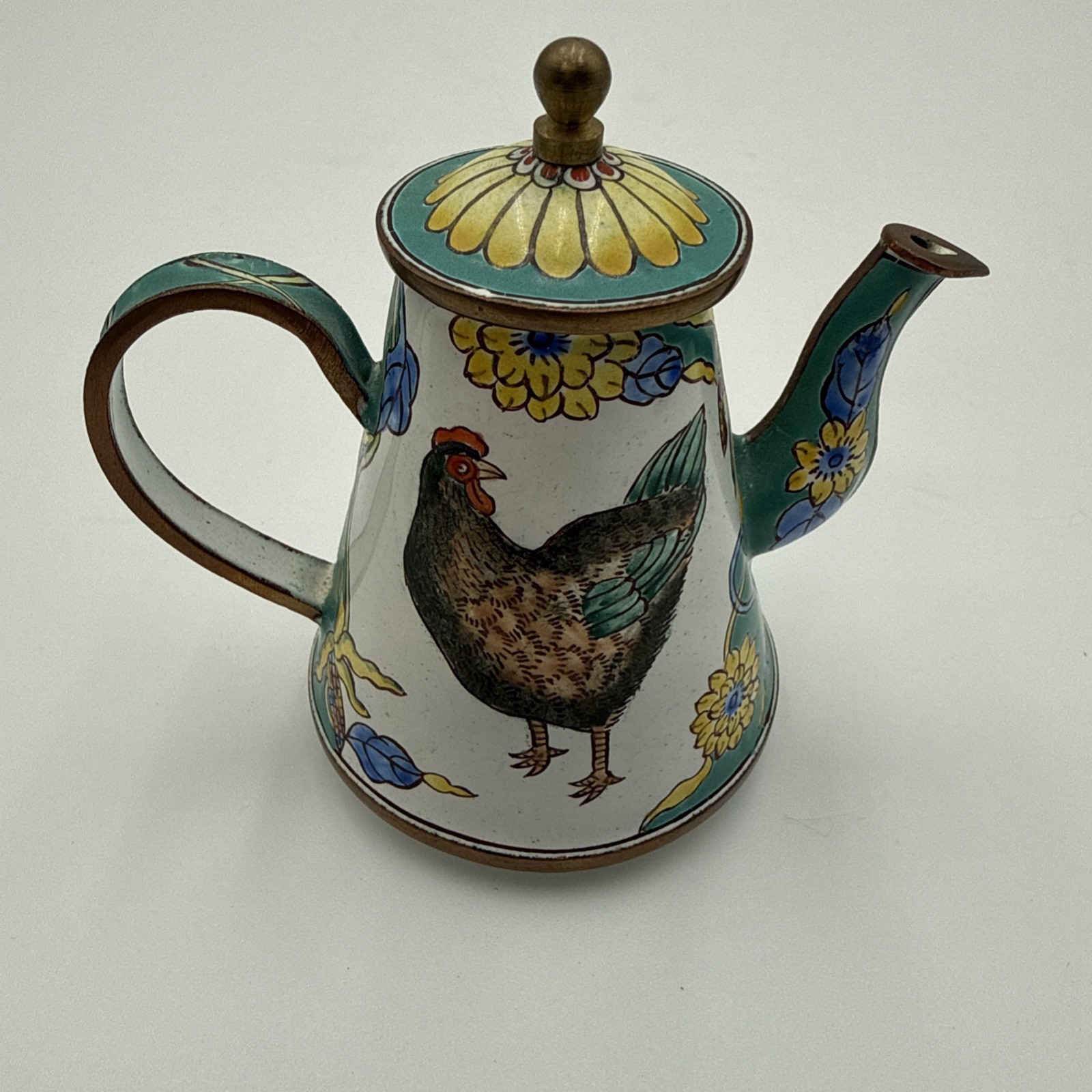 KELVIN CHEN Miniature Teapot 2000 Enameled Copper Rooster Chicken Florals #1852