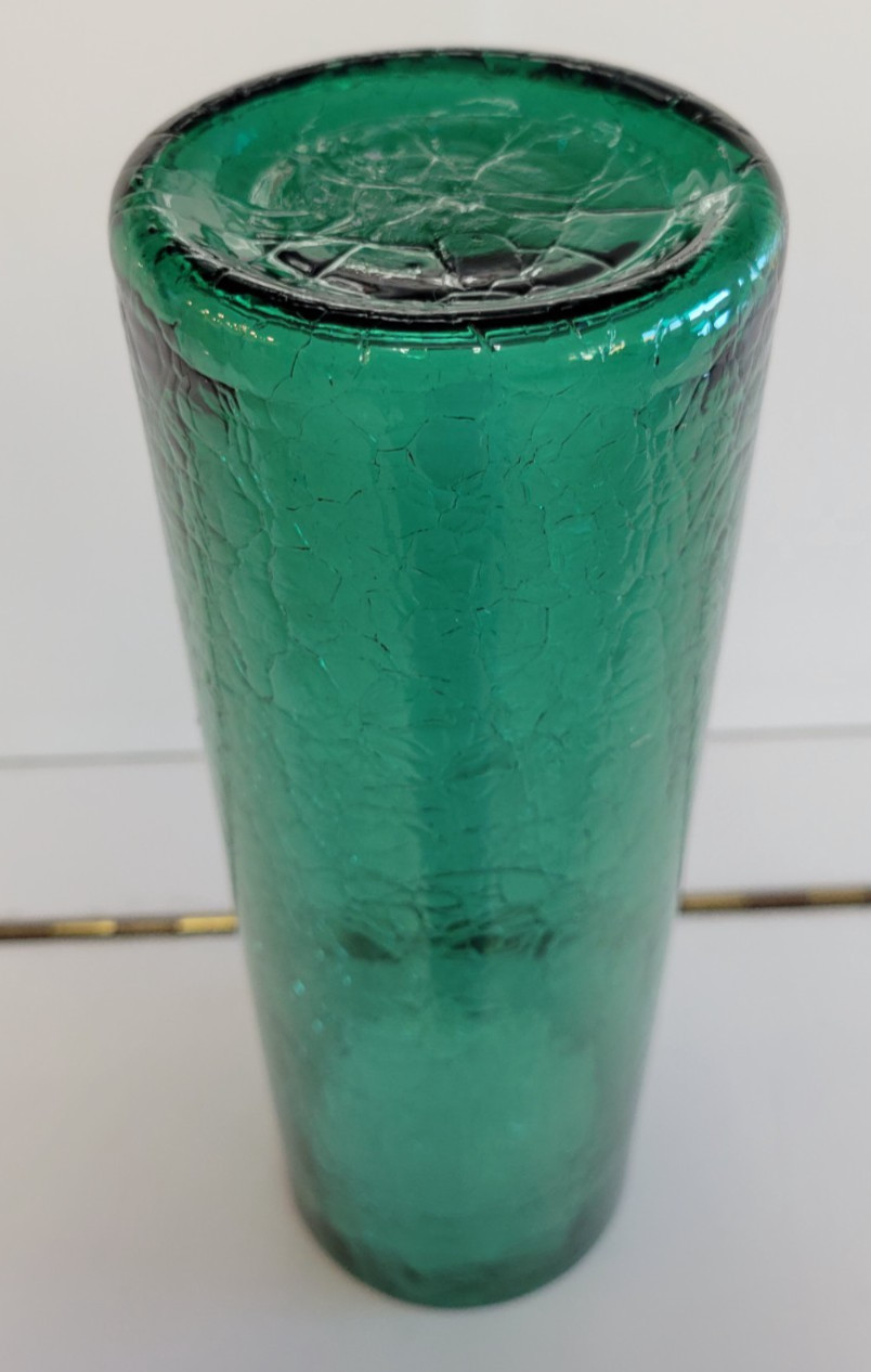 DEEP EMERALD GREEN CRACKLE GLASS CYLINDER VASE 9.75 INCHES DIAMETER 3.25 INCHES