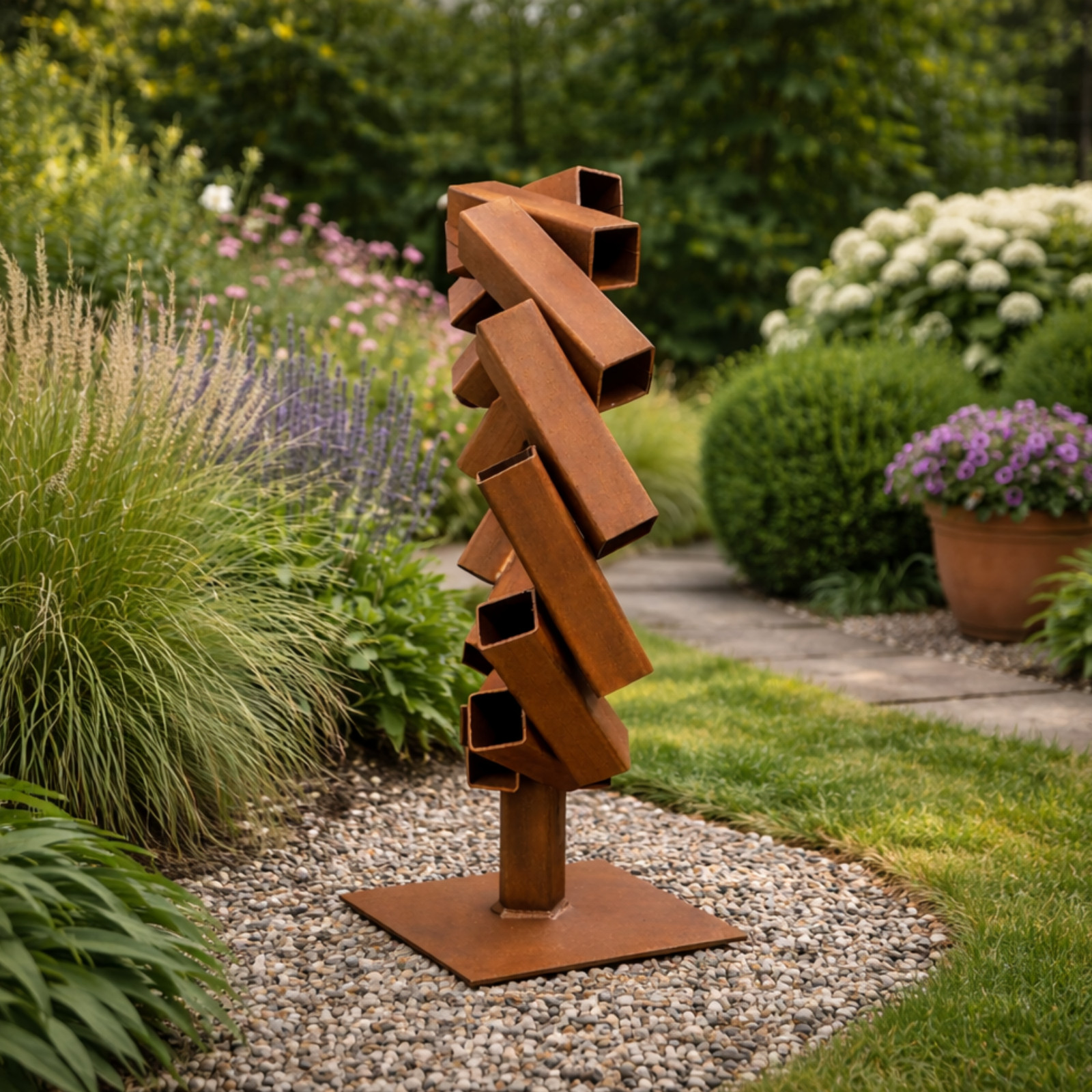 Metal Garden Sculpture Outdoor Yard Art Rusted Steel Modern Lawn Decor 30in