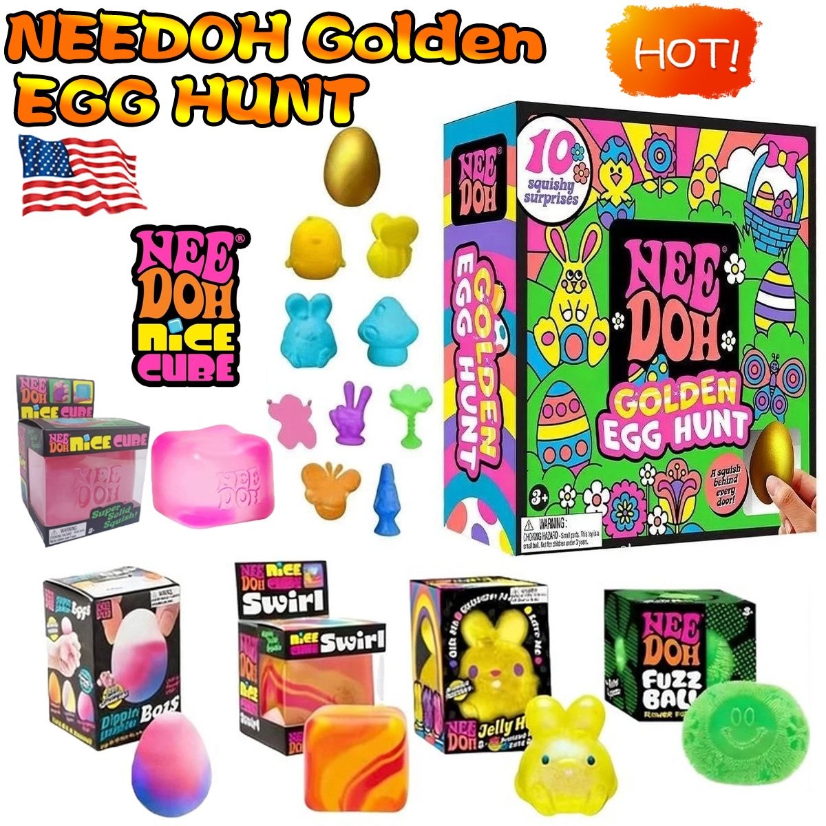 NeeDoh Golden Egg Hunt - Sensory Squeeze Toy Squishy Toy , Nee Doh Nice Cube USA