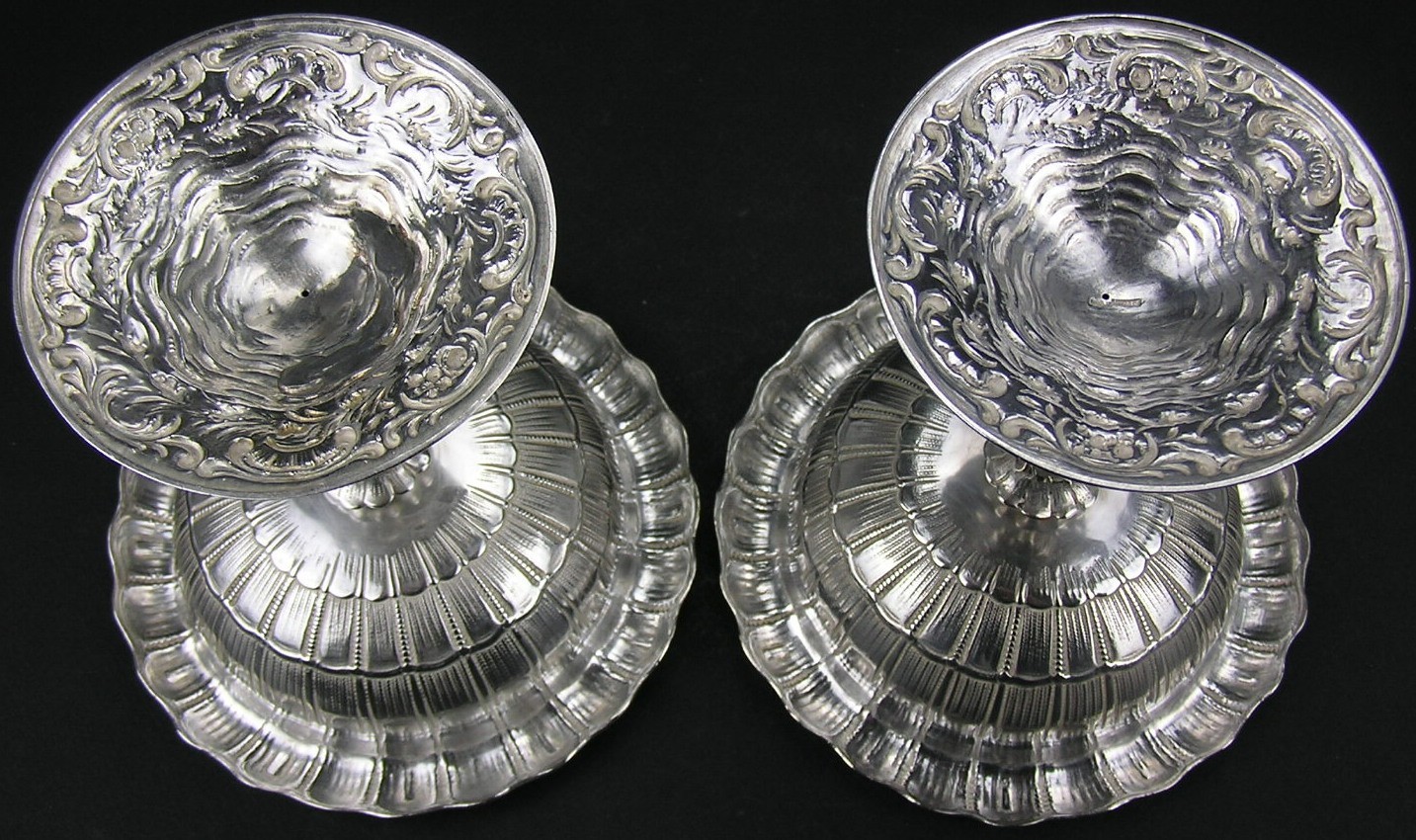 Pair Old 800 Silver German Sweet Meat Compotes Putti Riding Dolphin Hanau 627g