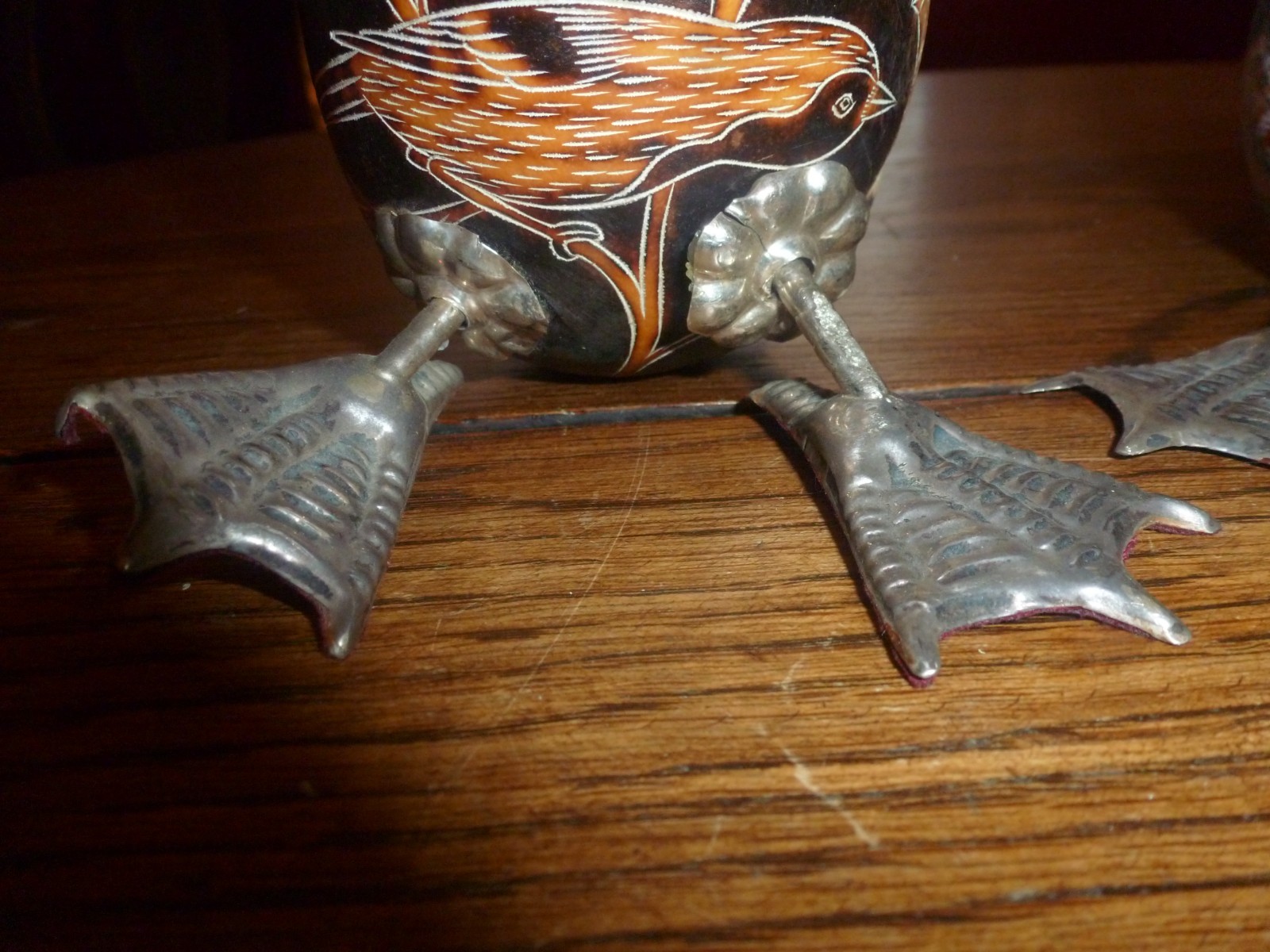 Sterling Silver 925 Vintage Hand-Carved Peruvian Gourd Art Duck