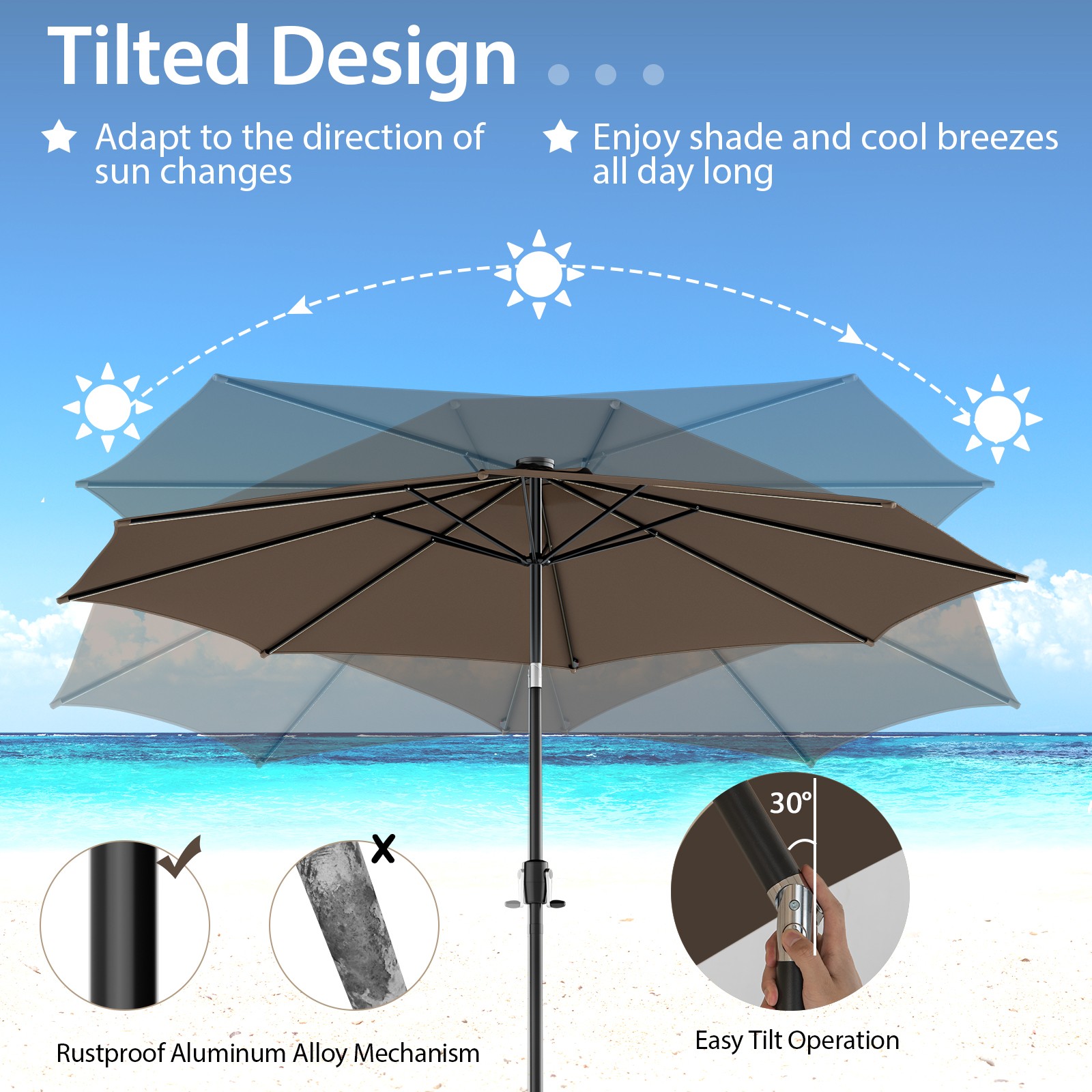 10 FT 112 LED Solar-Lighted Patio Market Umbrella Crank Tilt Outdoor Coffee
