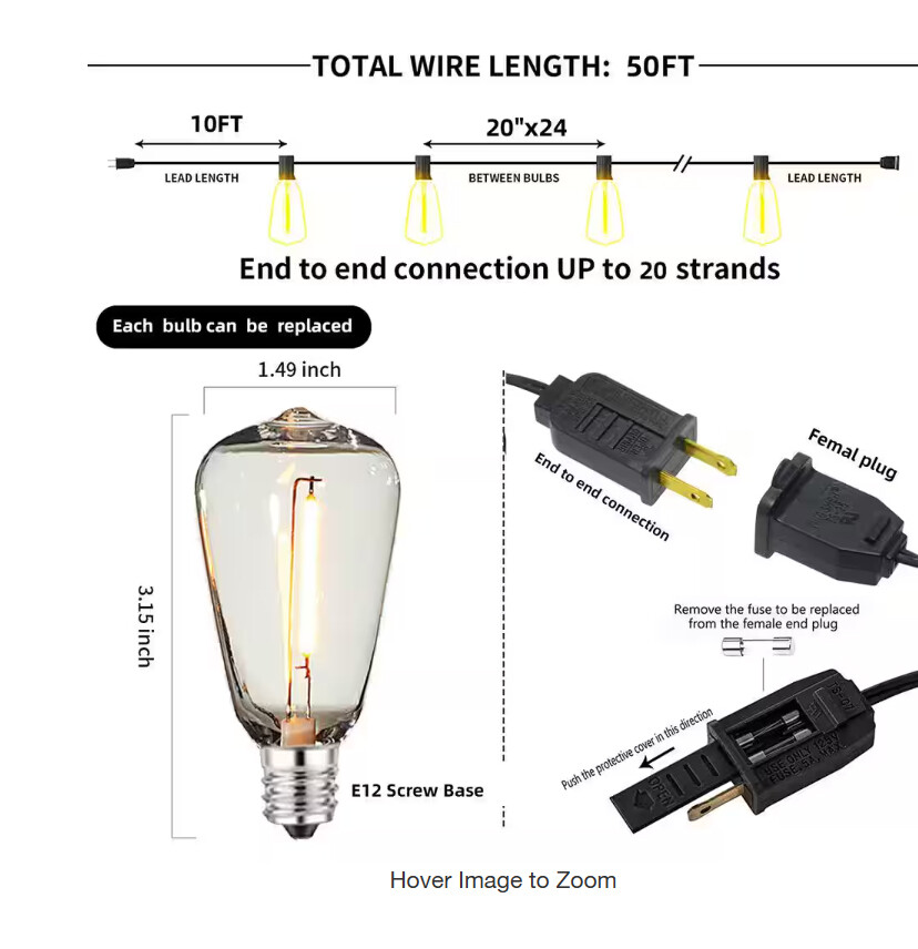 LED Outdoor String Lights, ST38 LED Patio Lights with E12 Edison Vintage Bulbs