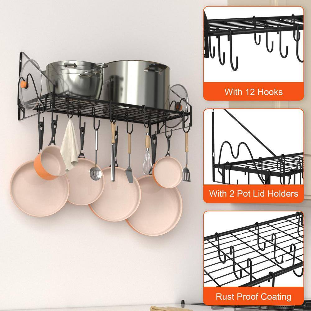 34.7 In. L X 13 In. W X 12.6 In. H Black Steel Wall Mounted Pot Rack with 12 Hoo