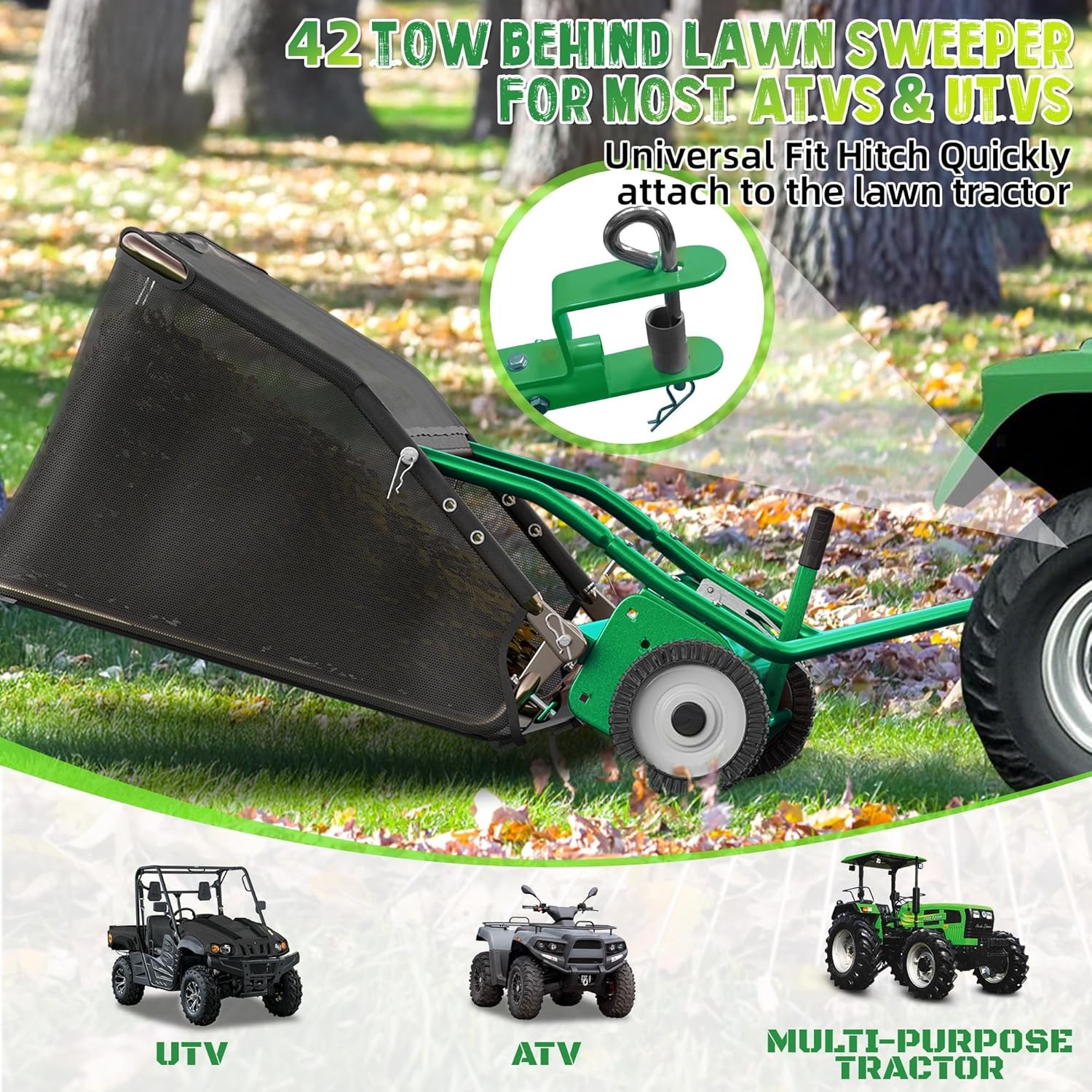 42/48 " Tow-Behind Lawn Sweeper Leaf Yard Collector Adjustable Sweeping Height