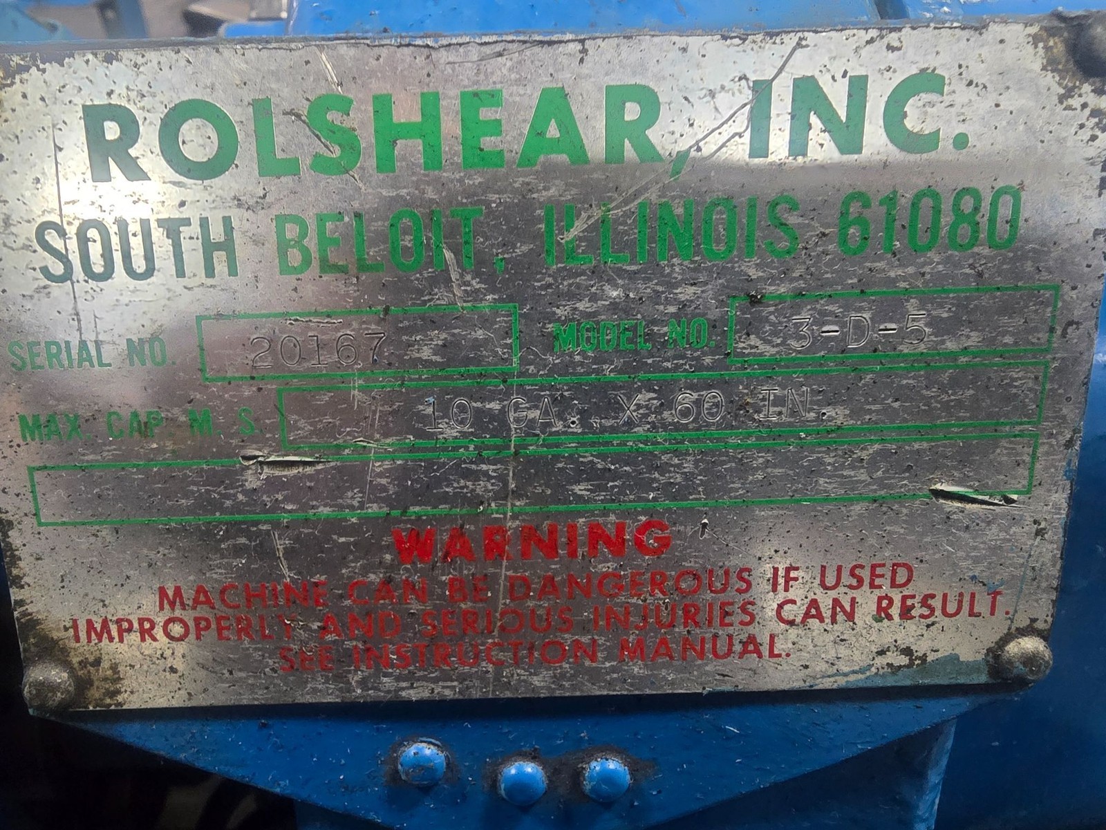 10 Guage x 60” Rolshear 3D5 Plate Bender/Roll Former