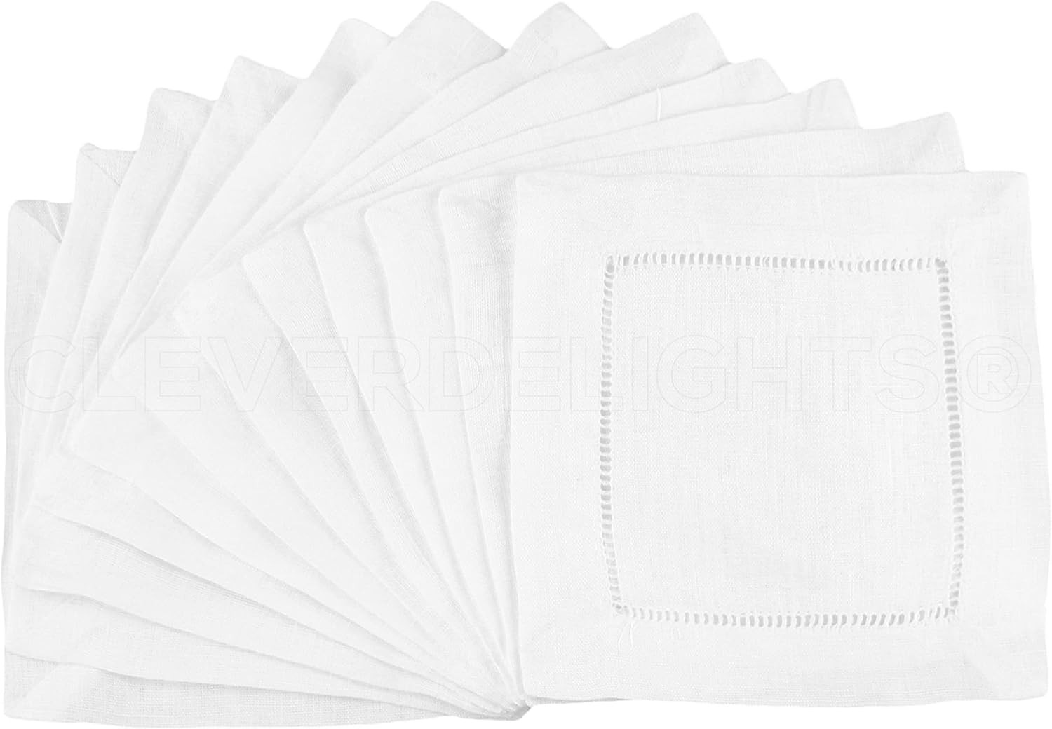 6" White Linen Hemstitch Cocktail Napkins - 12 Pack - 100% Linen