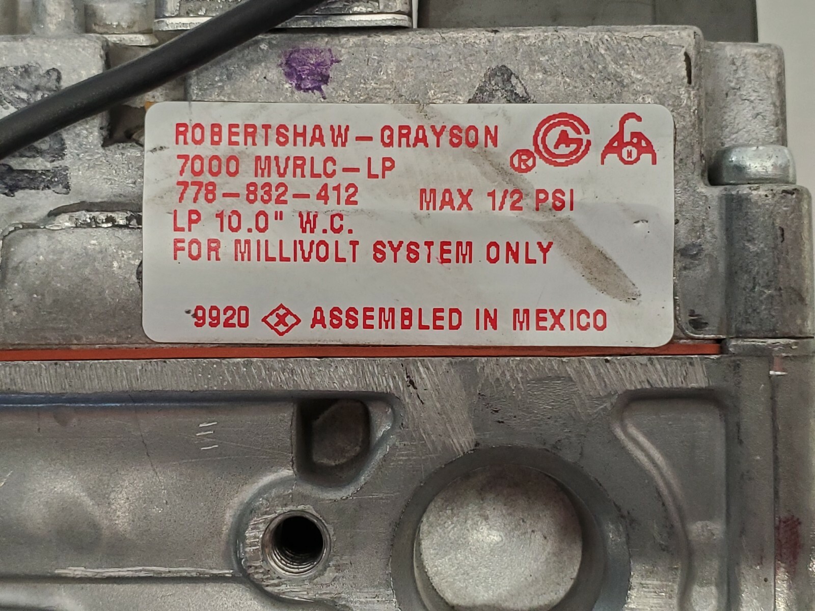 Robert Shaw Grayson 7000 MVRLC-LP 778-832-412 Valve Max 1/2 PSI Millivolt Only