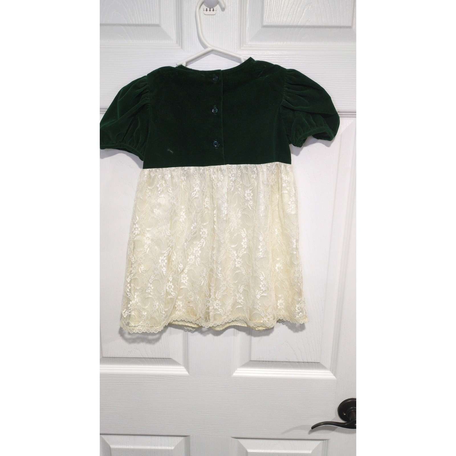 Vintage Retro Paper Tag Green Cream Lace Bow Velvour Short Sleeve Dress 4T