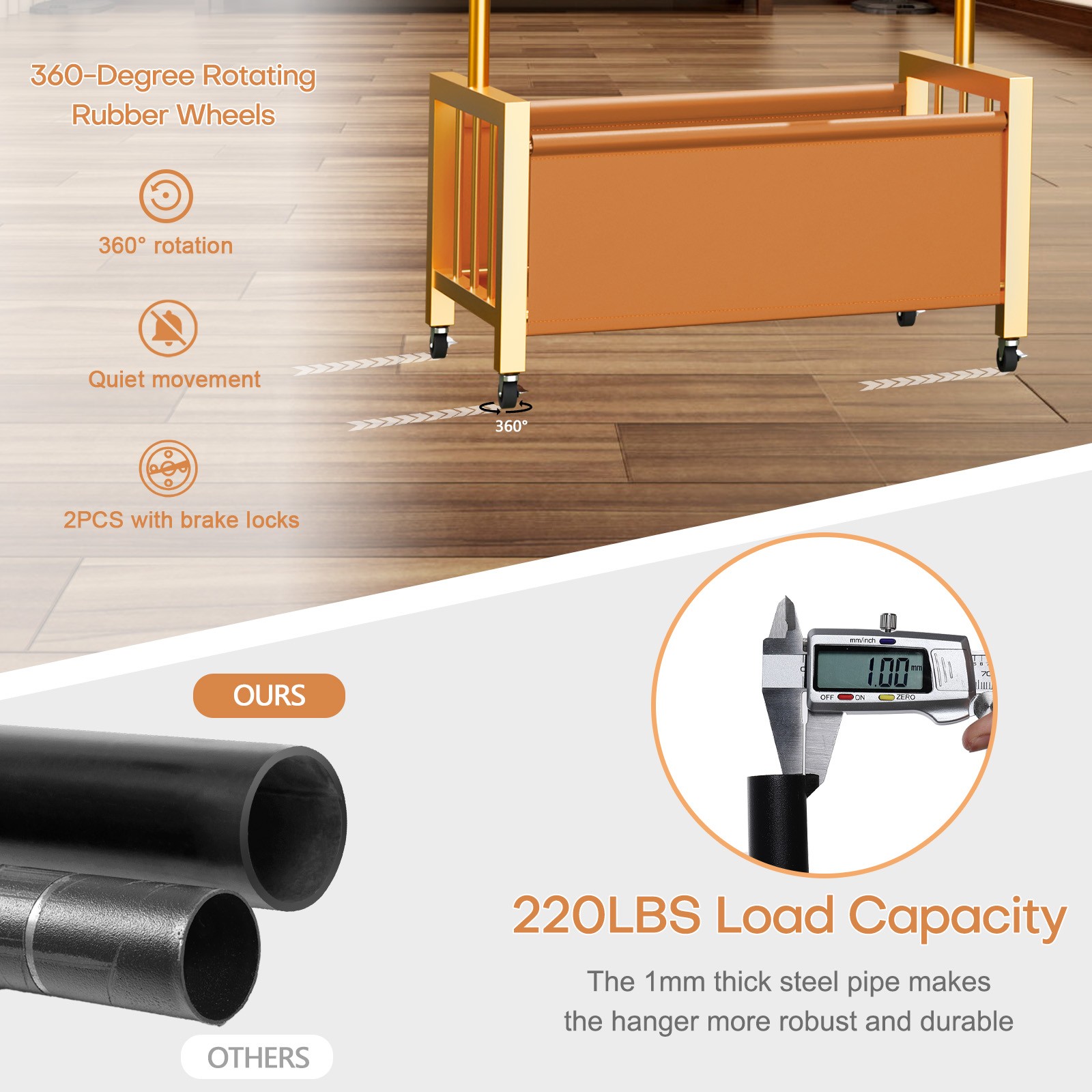 Rolling Garment Rack Organizer with Hanging Rod & Hooks for Small Apartment Dorm