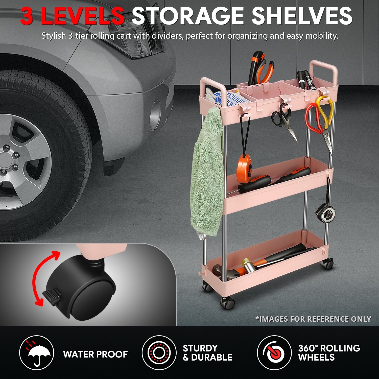 3 Tier Slim Rolling Storage Organizer Cart for Garage Warehouse Kitchen Pink