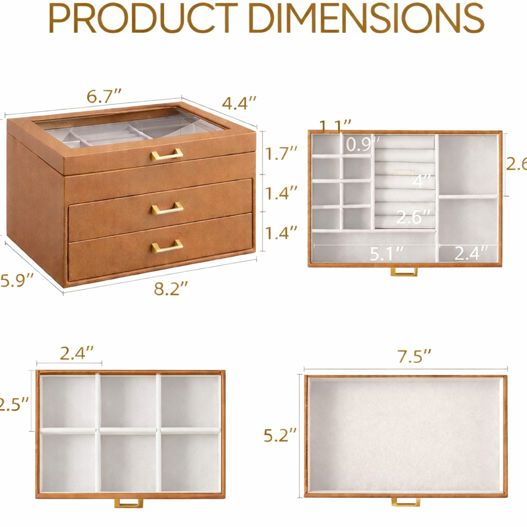 Leather Jewelry Box Organizer with Glass Lid, 3 Drawer Jewelry Storage Case
