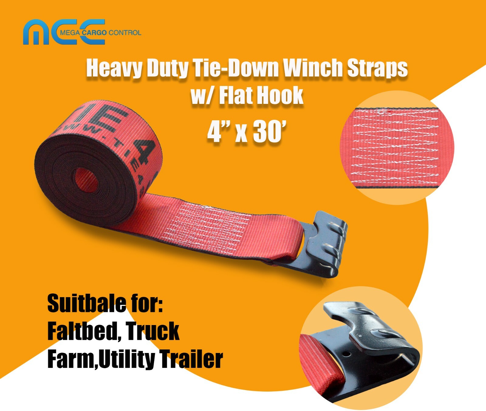 Heavy Duty 4" x 30' Winch Strap w/ Flat Hook Flatbed Truck Trailer Farm Tie Down