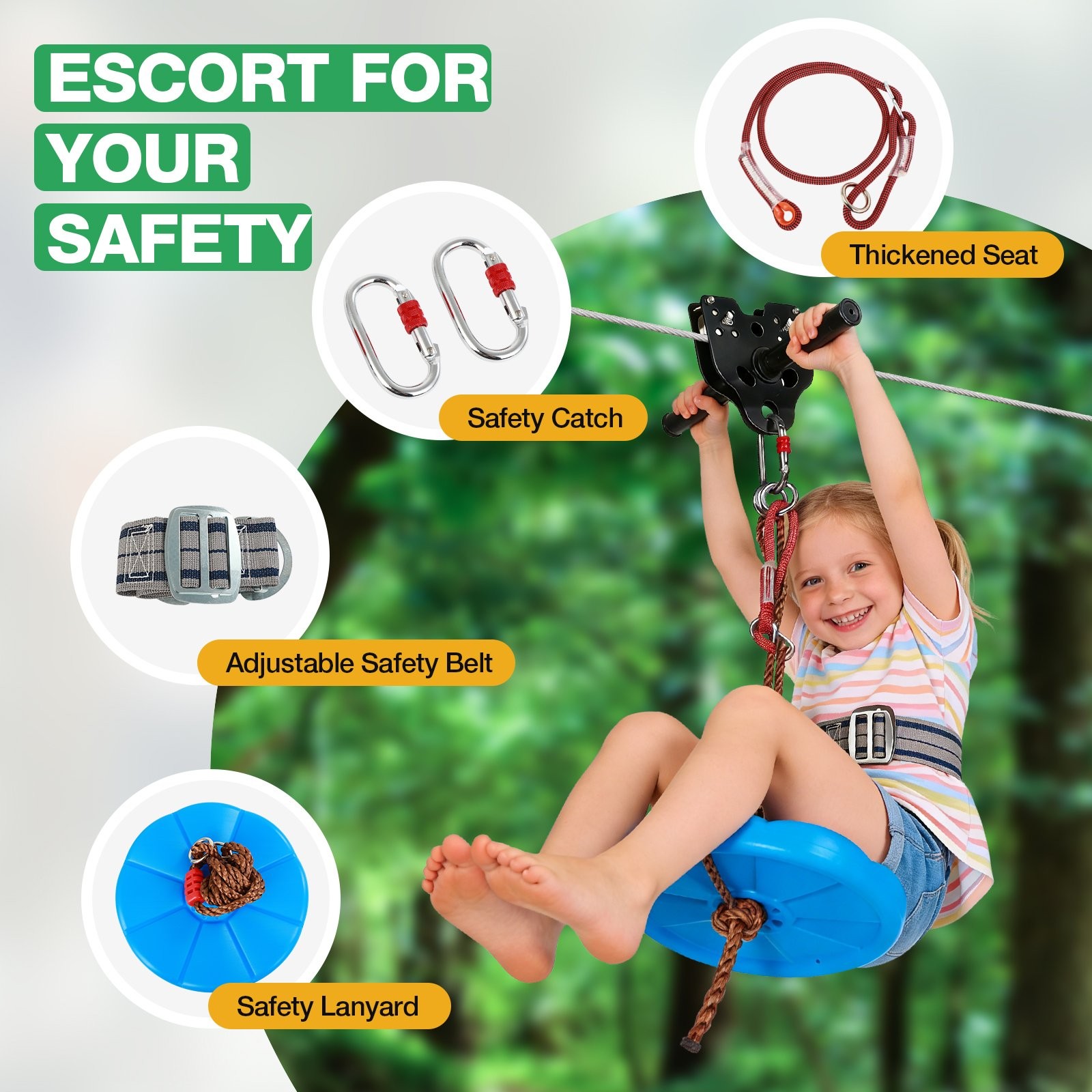 300FT Zip Line Kit for Kids and Adult - Up To 400LBS Quick Tighten Zipline Kit