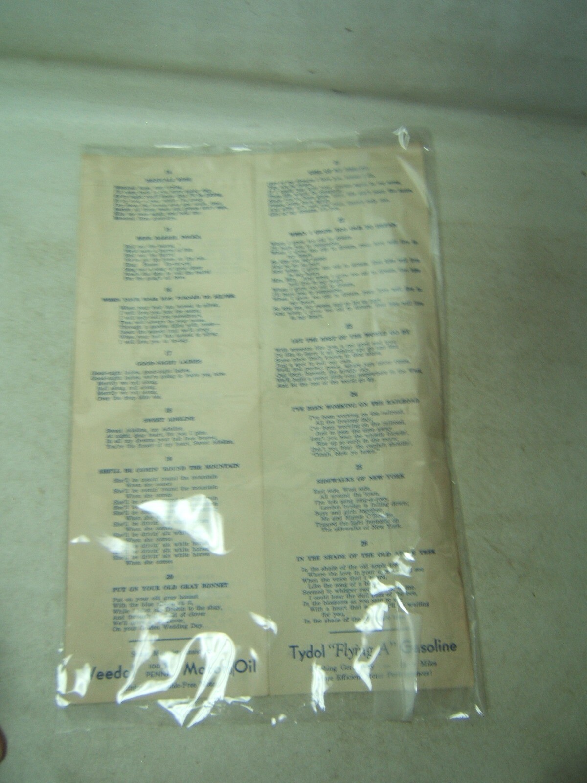 Vintage Tydol Veedol Song Sheet Montoursville PA 33 Songs