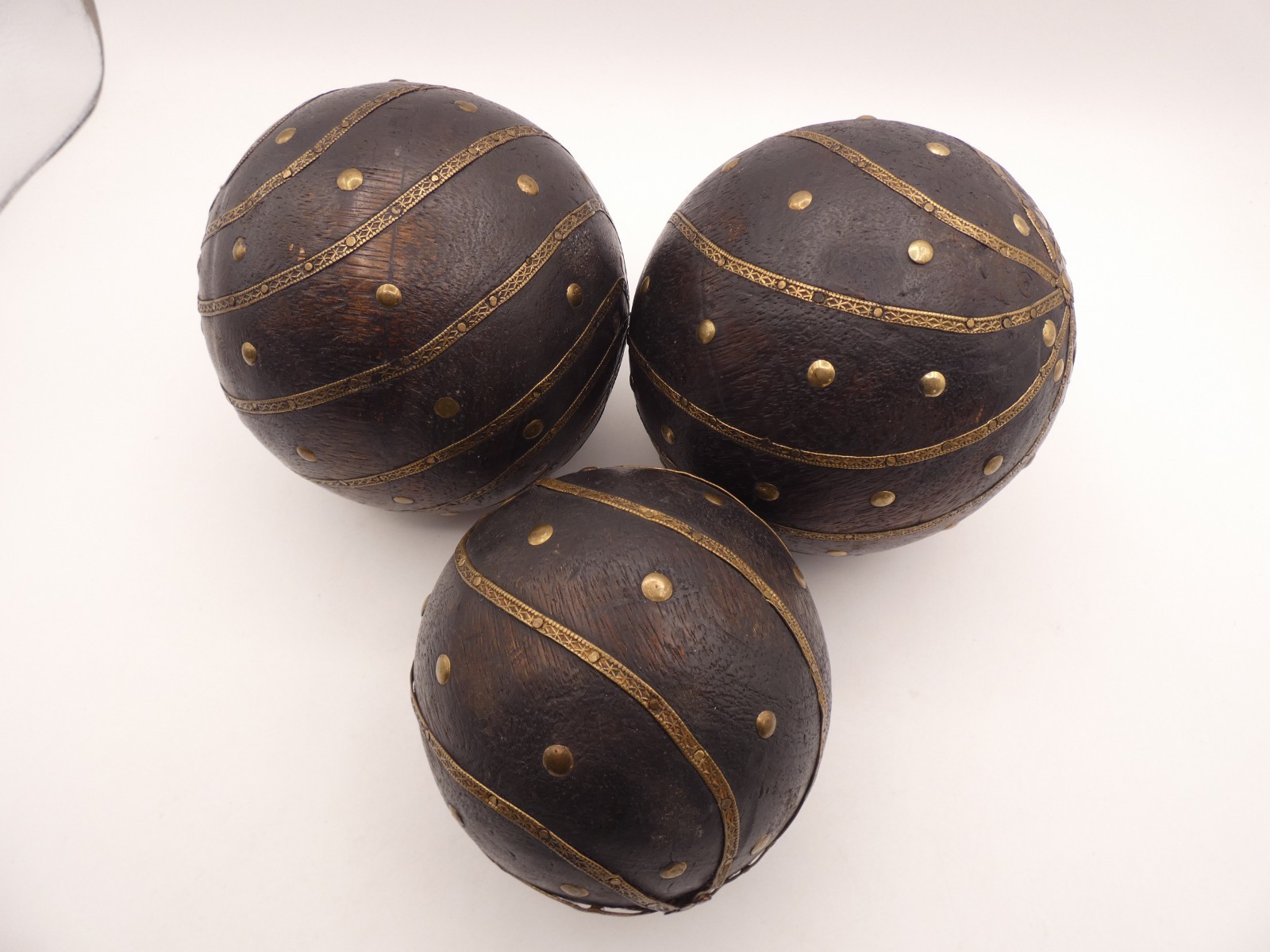 3 Vintage Wooden Ball With Embossed Brass Early 20th C. 5” & 4'' Width