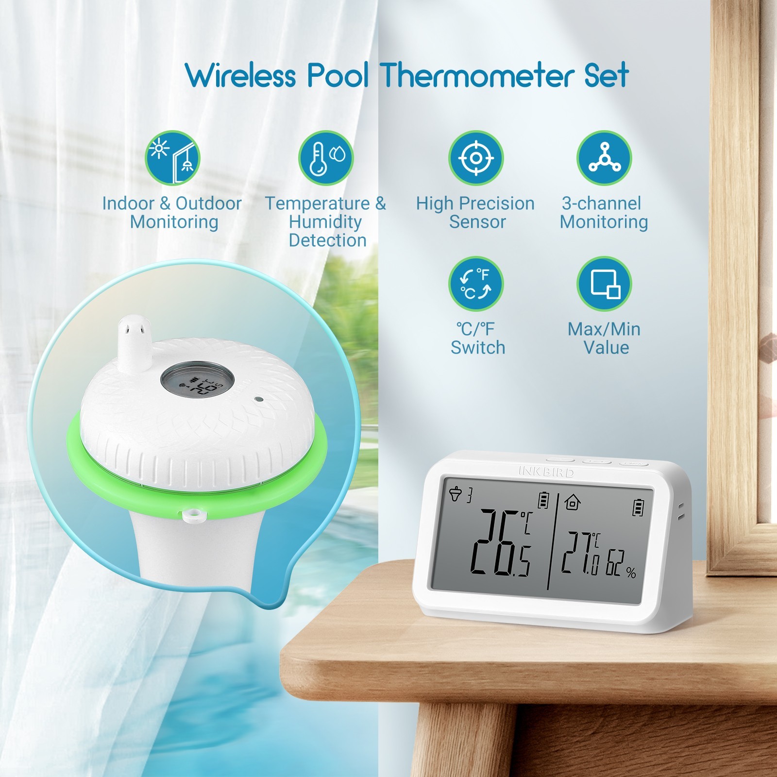 Inkbird Waterproof Wireless Pool Thermometer Easy Read Water Temperature Monitor