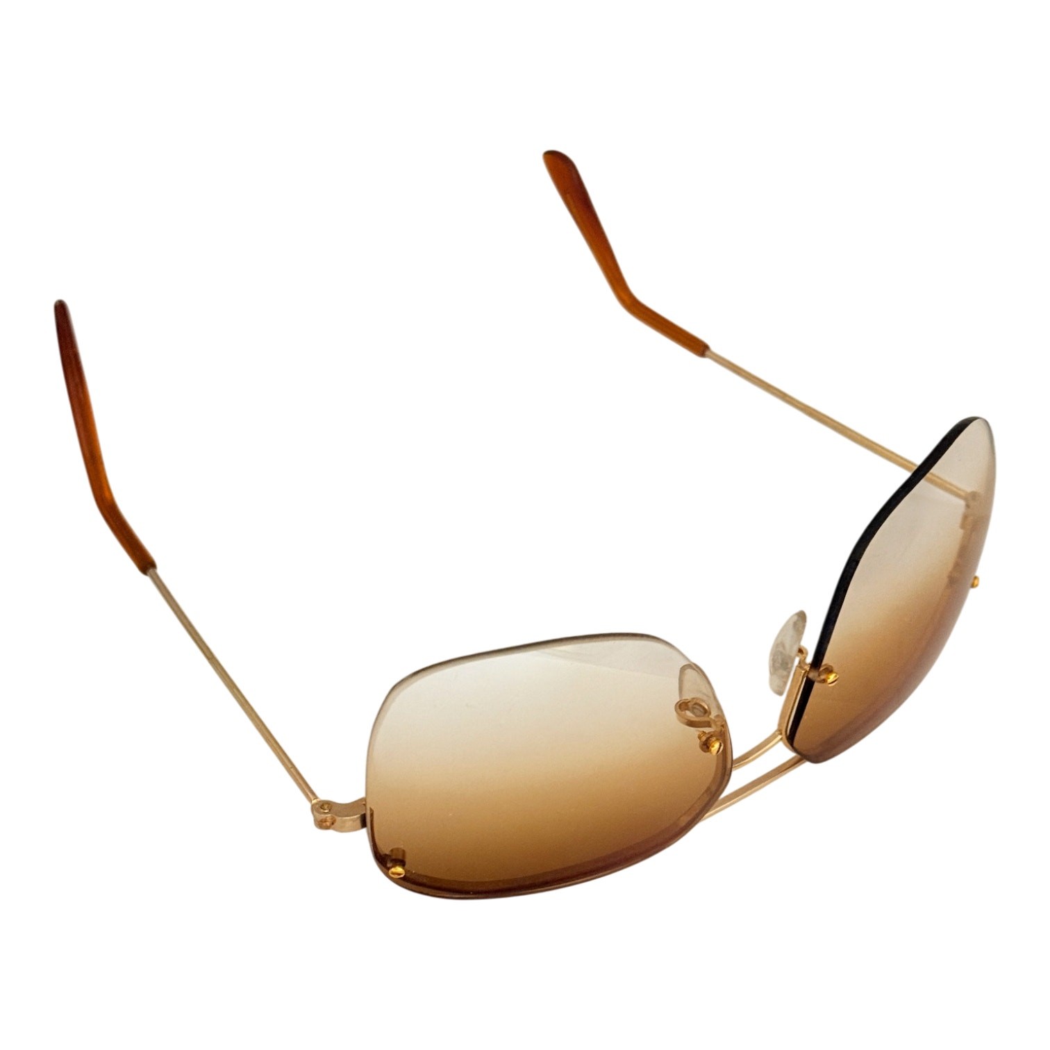 Vtg 70's Aviator Rimless Sunglasses Gold Frame Gradient Amber Lens MIP - A1298