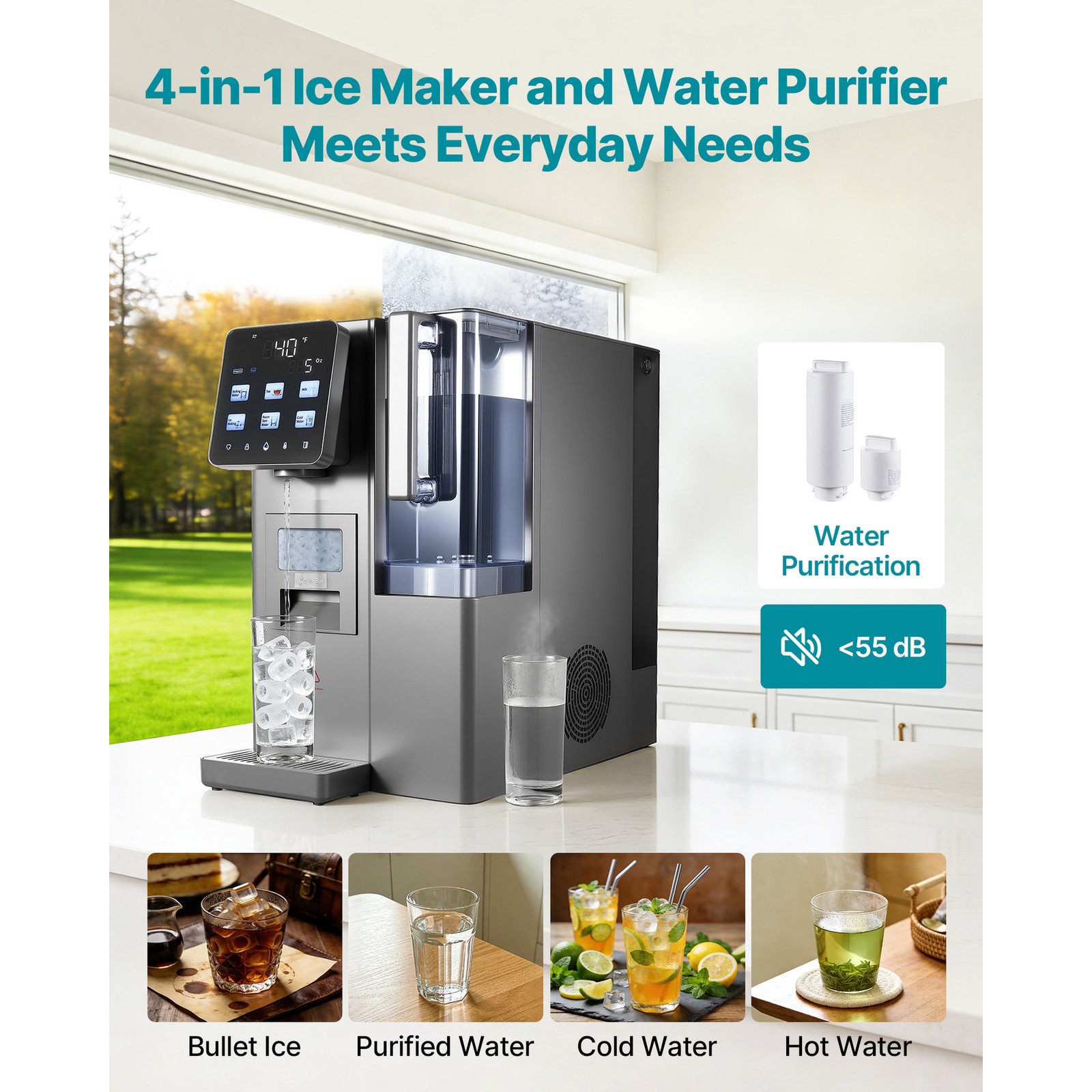 Uimoso 4-in-1 Countertop Ice Maker with Water Filter and Dispenser