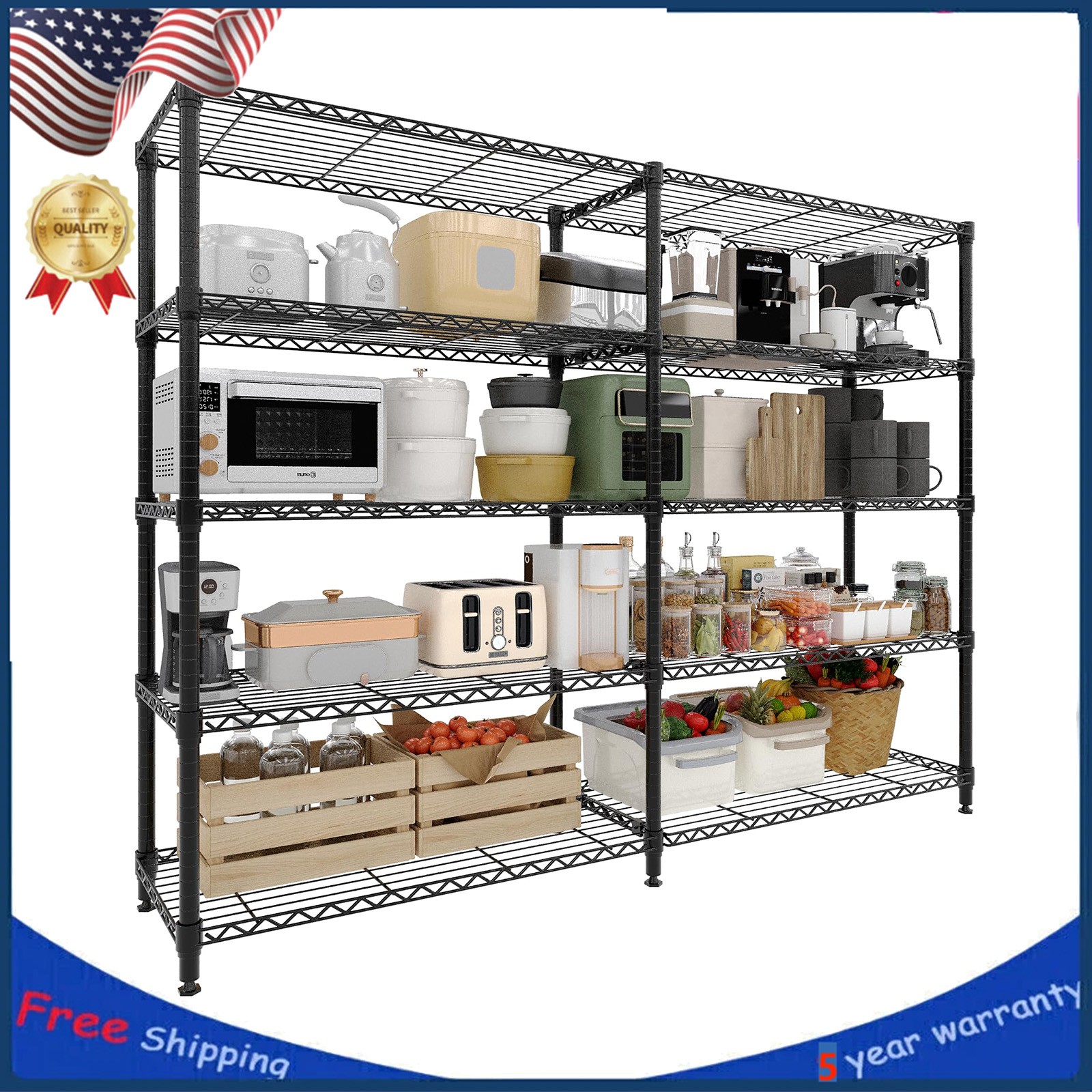 Heavy Duty 5-Tier Metal Wire Storage Rack Adjustable Industrial Shelving