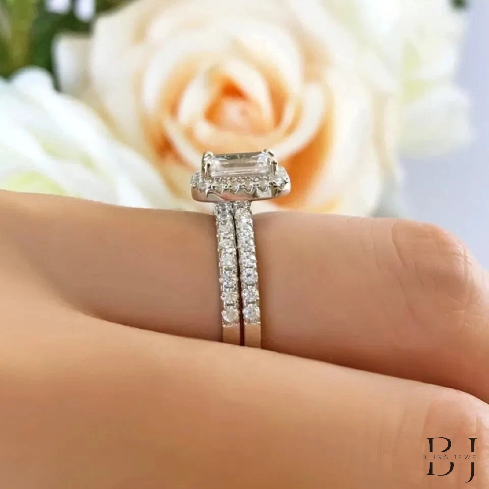 2.50 Emerald Cut Halo Moissanite Wedding Bridal Ring Set Solid 14K White Gold