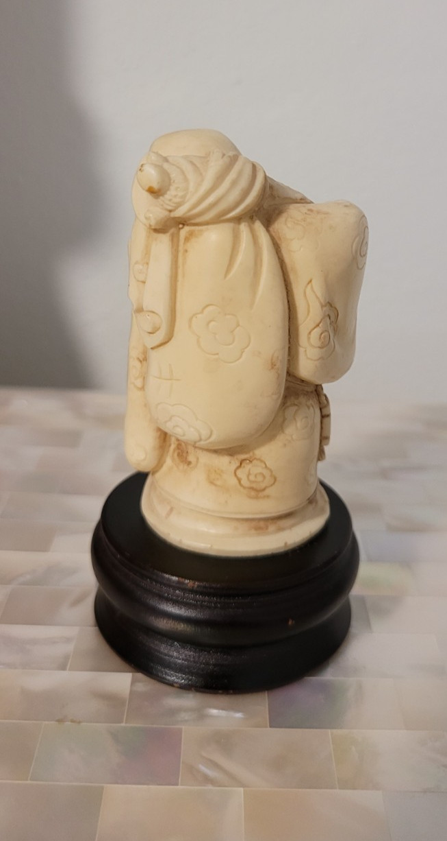 Vintage Japanese Carved Happy Buddha Figurine on Wood Stand 3-3/4" tall