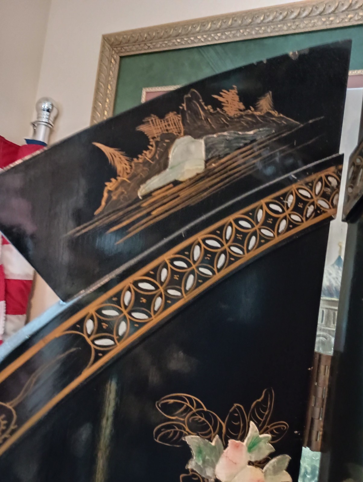 Lovely Asian Lacquered Wood Room Divider, 72" Tall, Mother Of Pearl & Hardstone