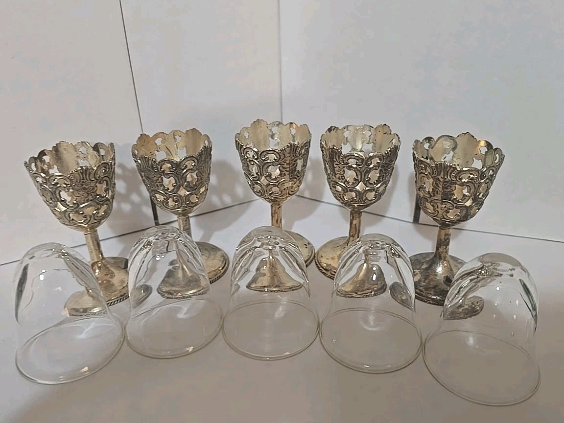 Vintage Set Of 5 Silver plated Goblet Wine Shot/Dinner Glasses.