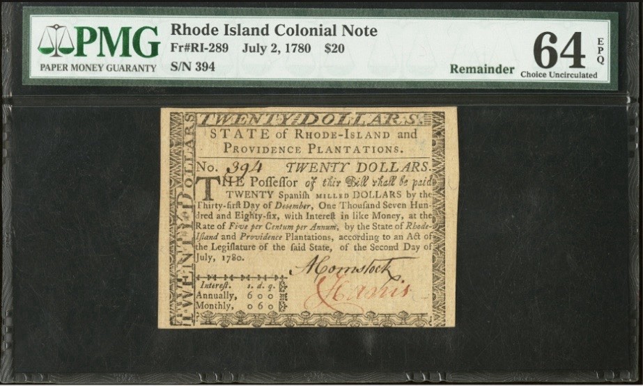 PMG 64. 1780 RHODE ISLAND Colonial Currency American Revolution Bank Note RI-289