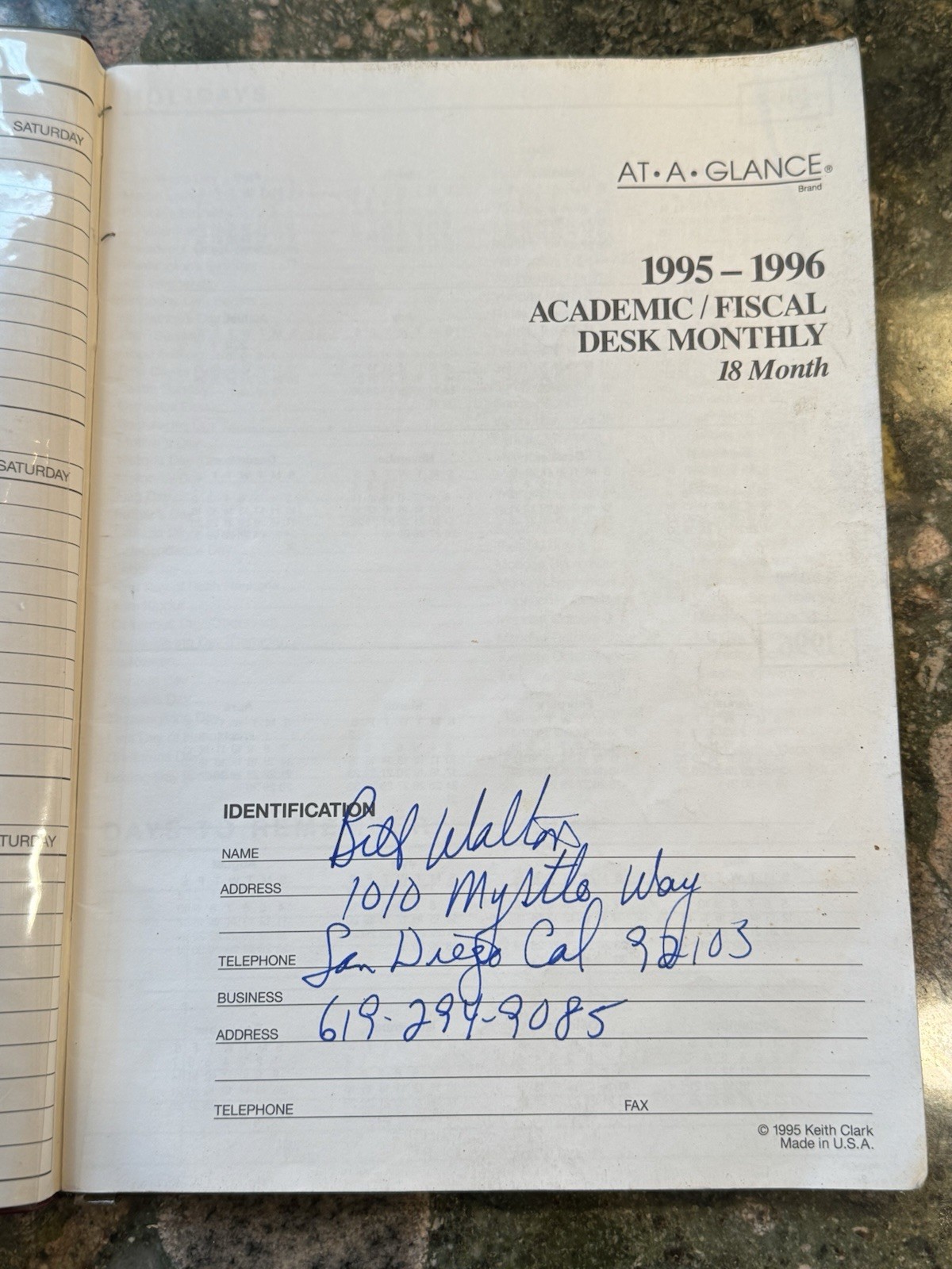 Bill Walton Personally Owned & Signed 1995-1996 NBA Sports Monthly Planner NBC