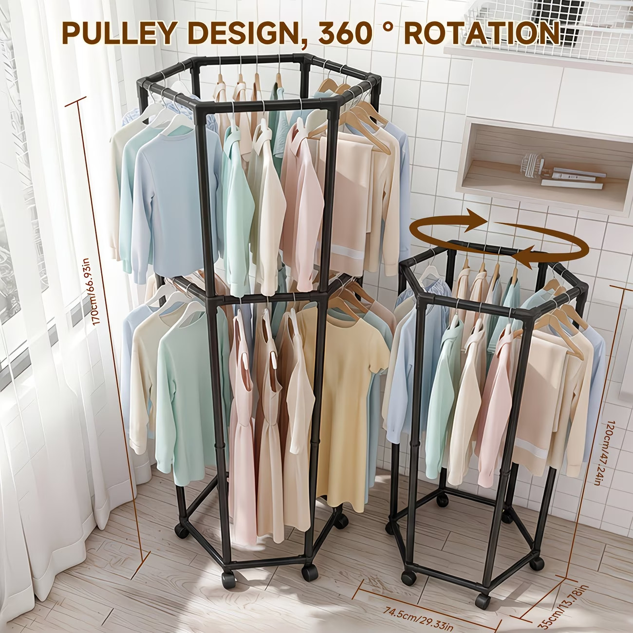 A Multifunctional Hexagonal Clothes Drying Rack - 360° Rotating，Indoor & Outdoor
