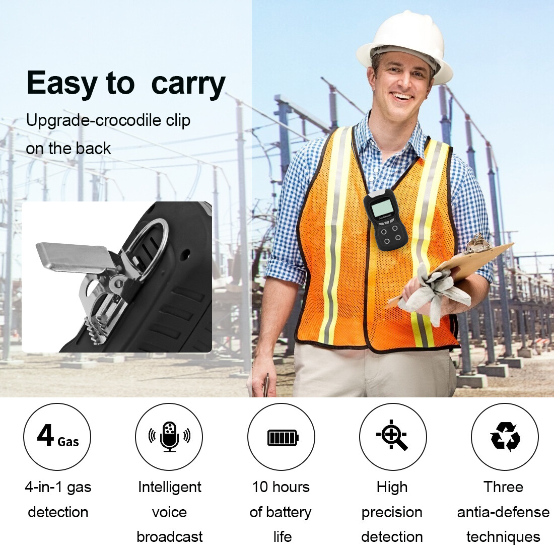 4-Gas Monitor Meter Tester Analyzer Portable Gas Detector Rechargeable Gas Clip